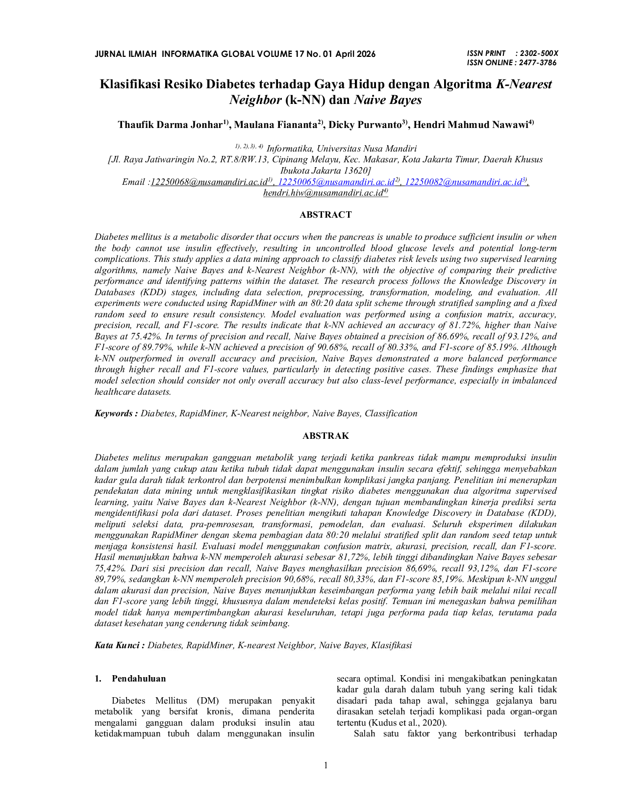 JURIS Klasifikasi Resiko Diabetes terhadap Gaya Hidup dengan Algoritma K Nearest Neighbor k NN dan Naive Bayes