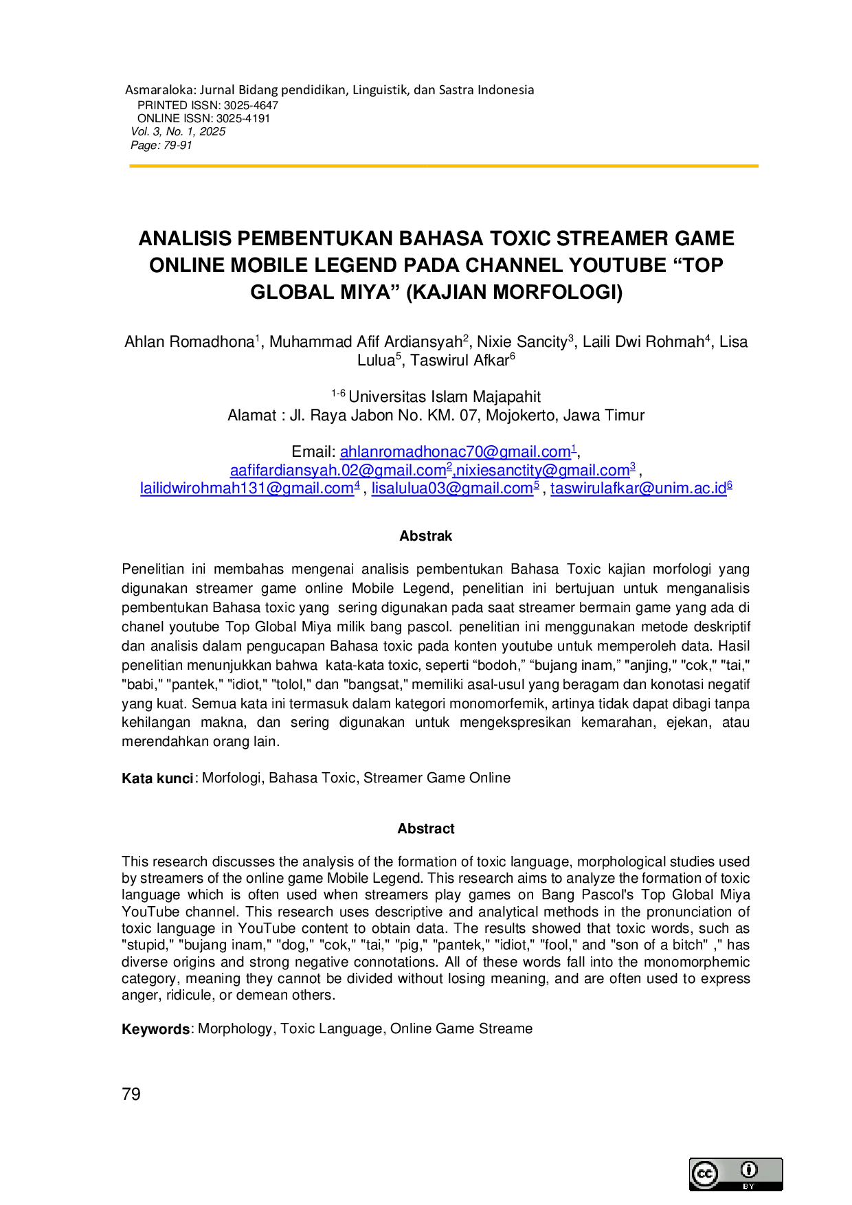 JURIS Analisis Pembentukan Bahasa Toxic Streamer Game Online Mobile Legend Pada Channel Youtube Top Global Miya Kajian Morfologi
