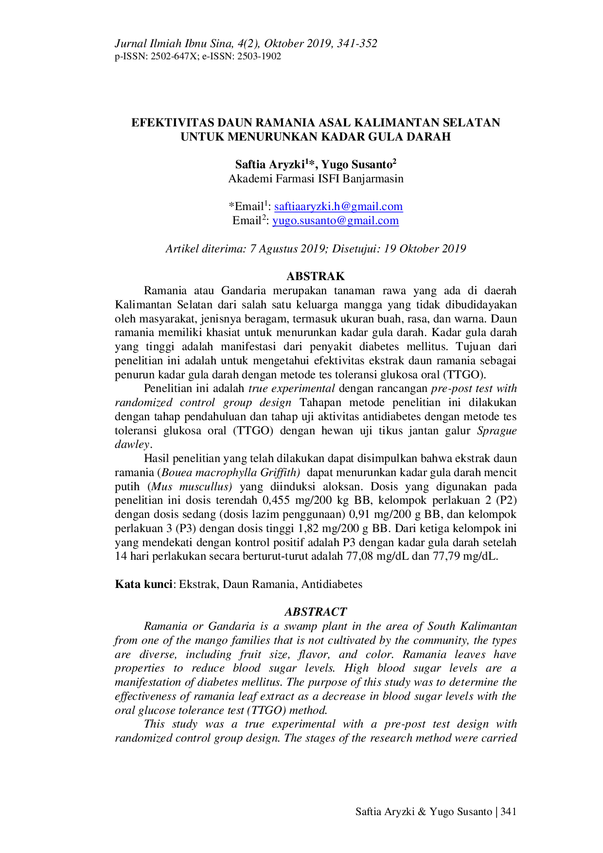 JURIS Efektivitas Daun Ramania Asal Kalimantan Selatan Untuk Menurunkan Kadar Gula Darah