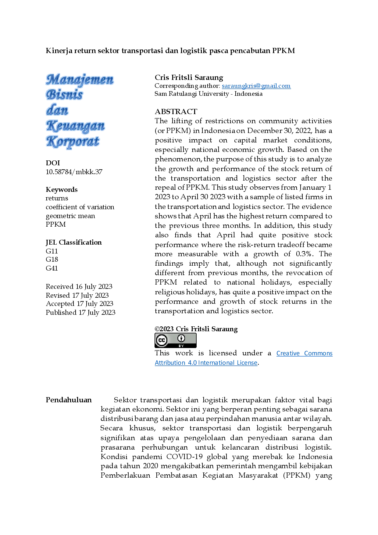 juris Kinerja Return Sektor Transportasi Dan Logistik Pasca Pencabutan PPKM