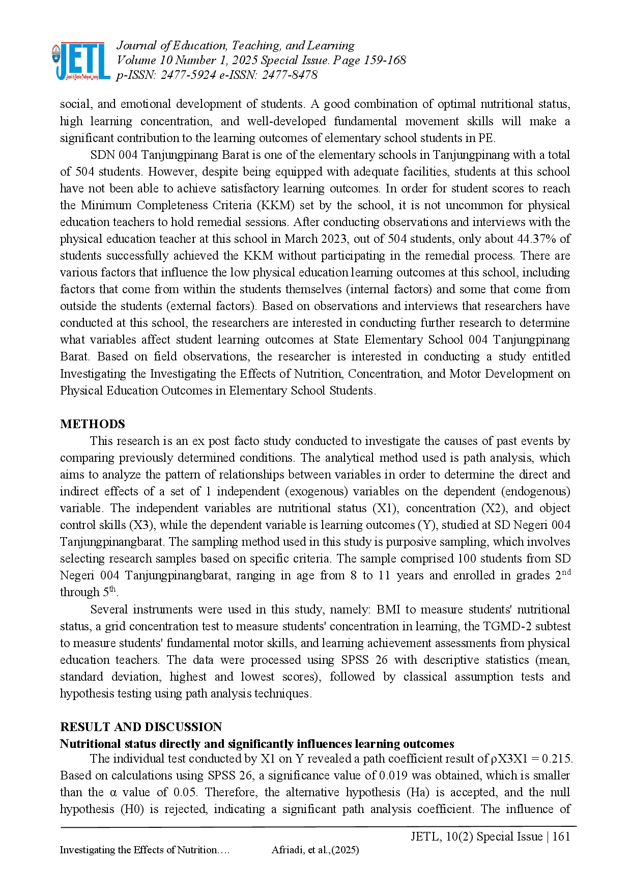 juris Investigating the Effects of Nutrition Concentration and Motor Development on Physical Education Outcomes in Elementary School Students