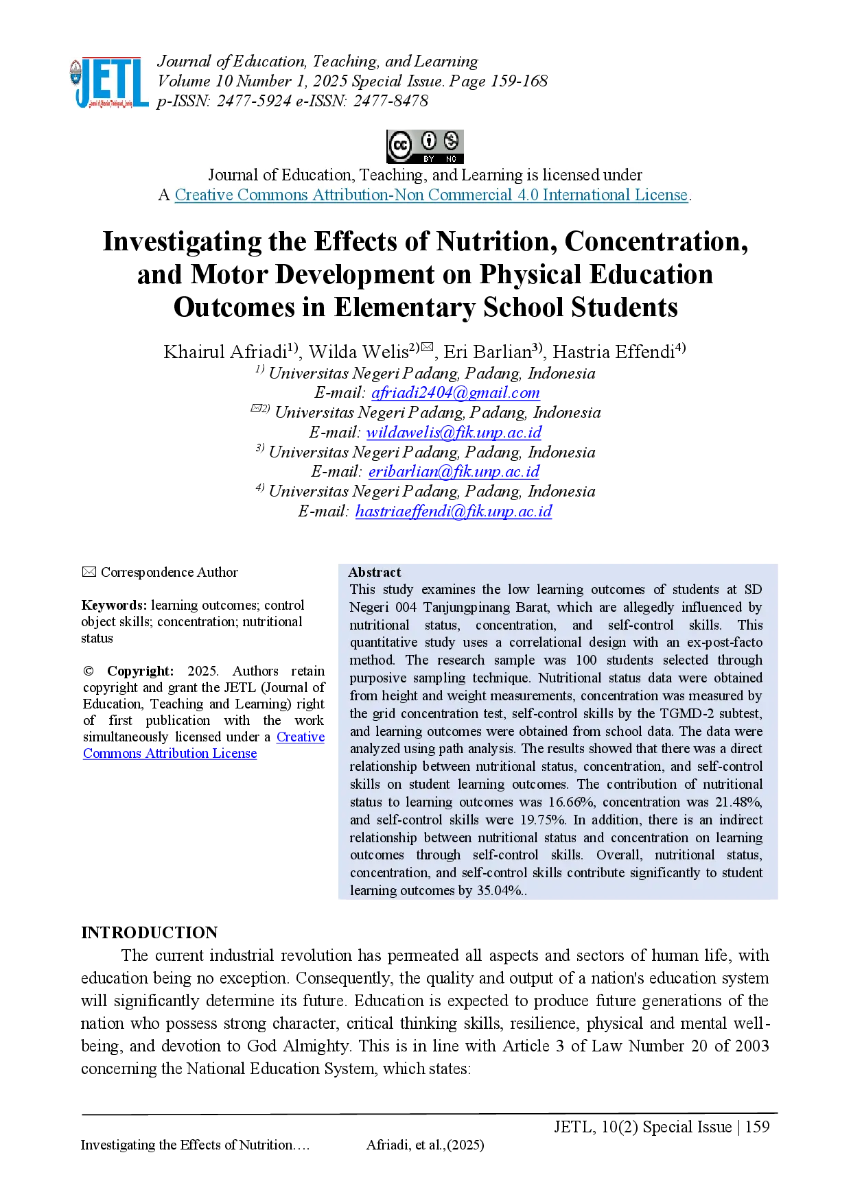 juris Investigating the Effects of Nutrition Concentration and Motor Development on Physical Education Outcomes in Elementary School Students