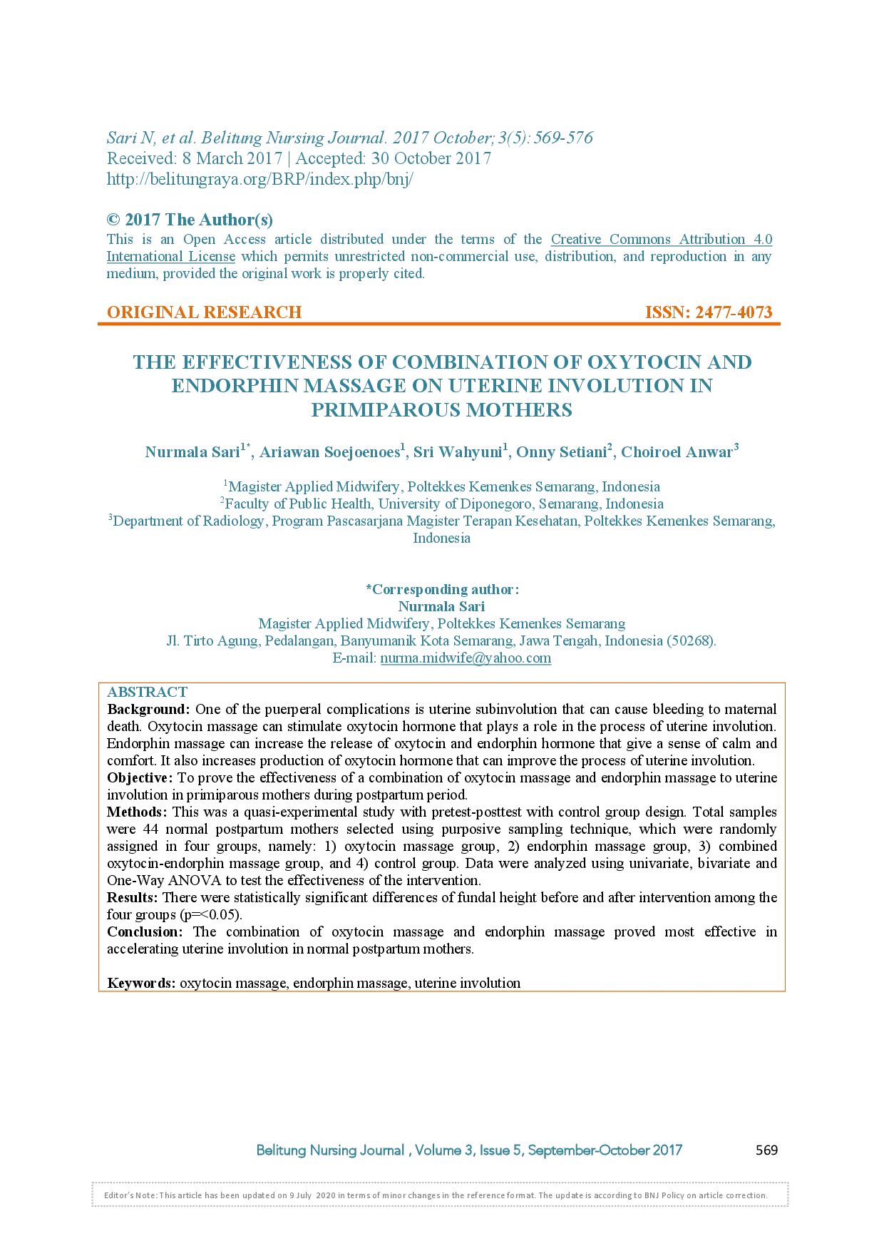 juris The Effectiveness Of Combination Of Oxytocin And Endorphin Massage On Uterine Involution In Primiparous Mothers