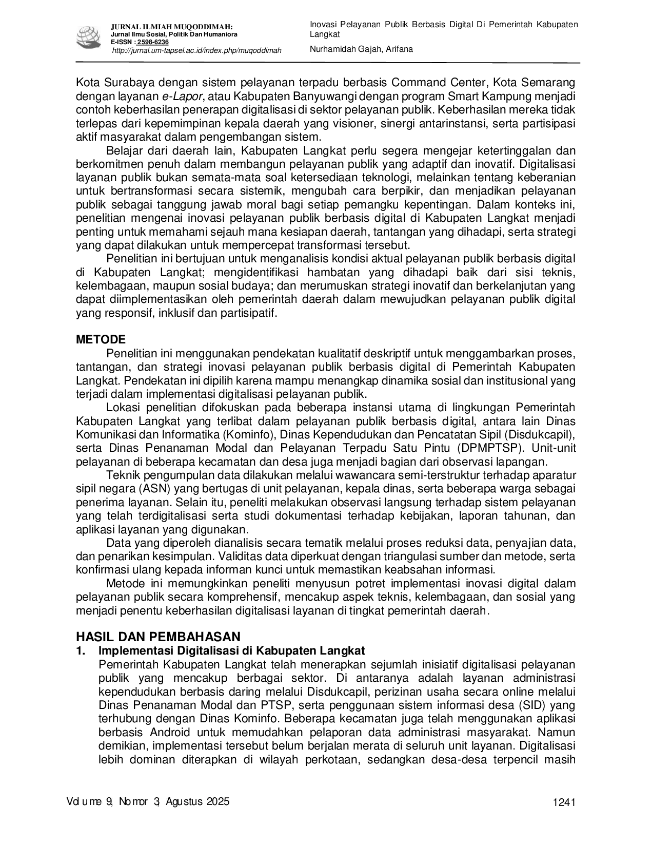 JURIS Inovasi Pelayanan Publik Berbasis Digital Di Pemerintah Kabupaten Langkat