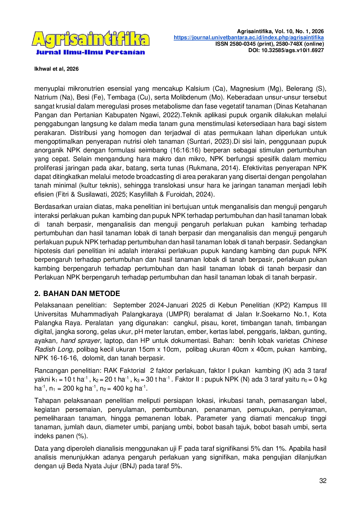 JURIS Efek Aplikasi Pupuk Organik Kambing Dan Npk 16 16 16 Terhadap Pertumbuhan Dan Hasil Tanaman Lobak Di Lahan Berpasir