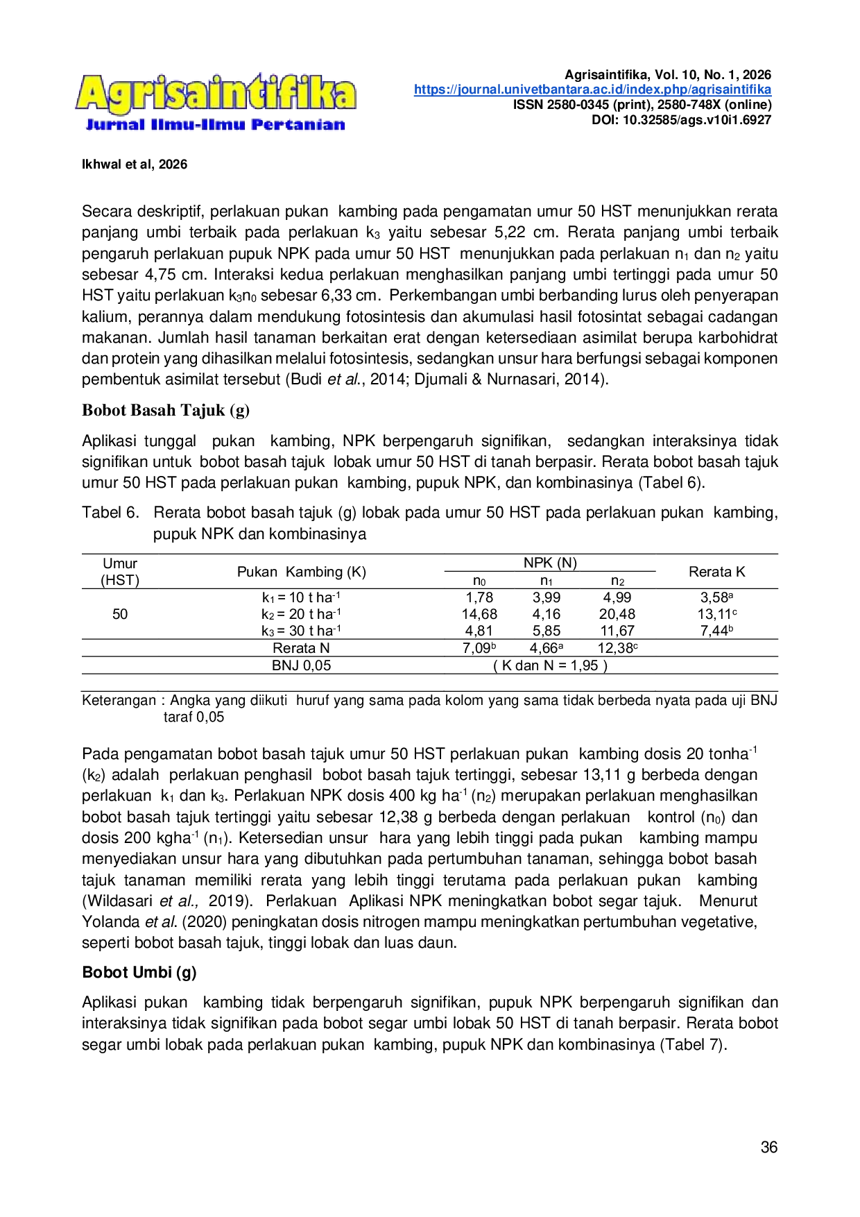 JURIS Efek Aplikasi Pupuk Organik Kambing Dan Npk 16 16 16 Terhadap Pertumbuhan Dan Hasil Tanaman Lobak Di Lahan Berpasir