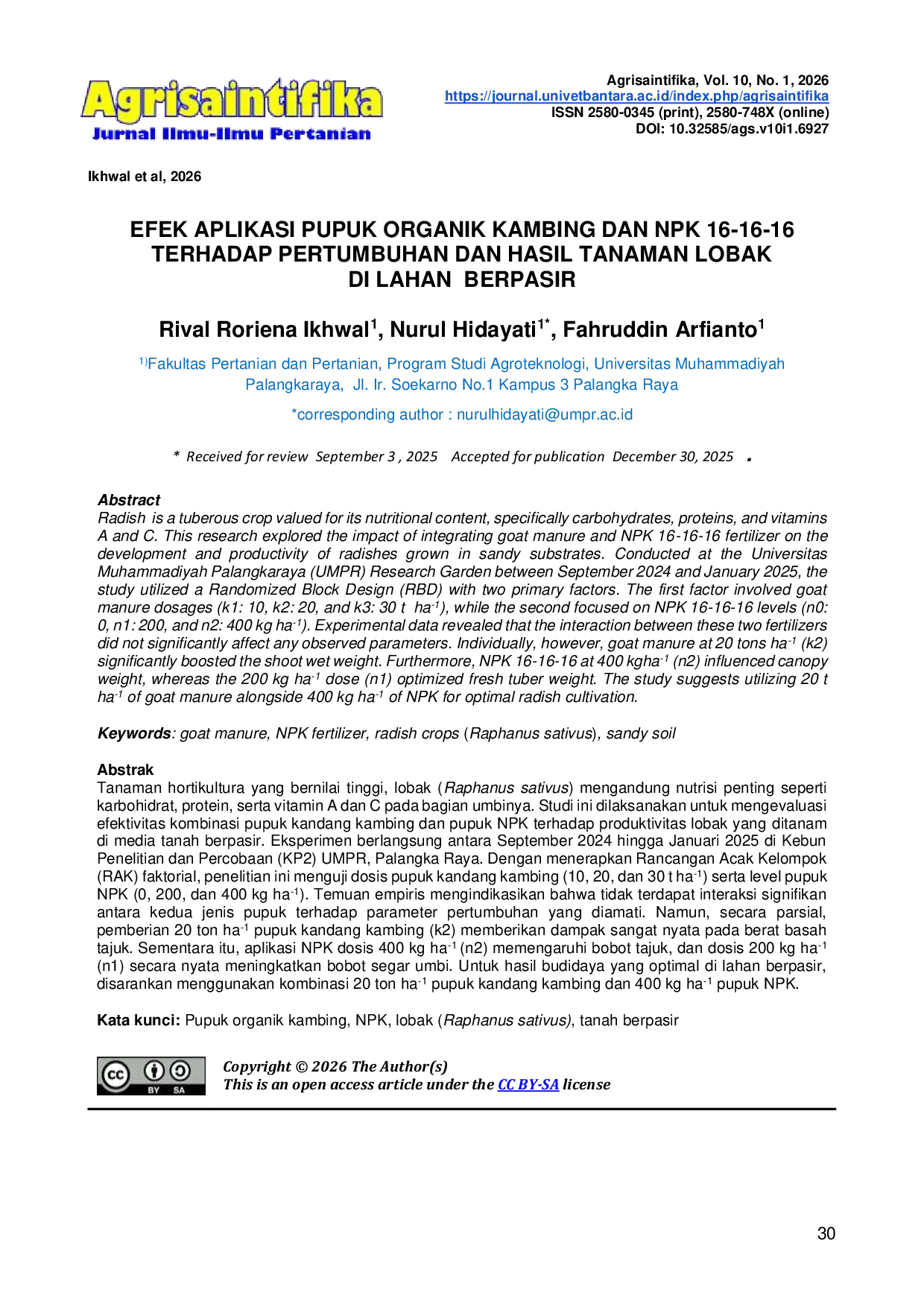 JURIS Efek Aplikasi Pupuk Organik Kambing Dan Npk 16 16 16 Terhadap Pertumbuhan Dan Hasil Tanaman Lobak Di Lahan Berpasir