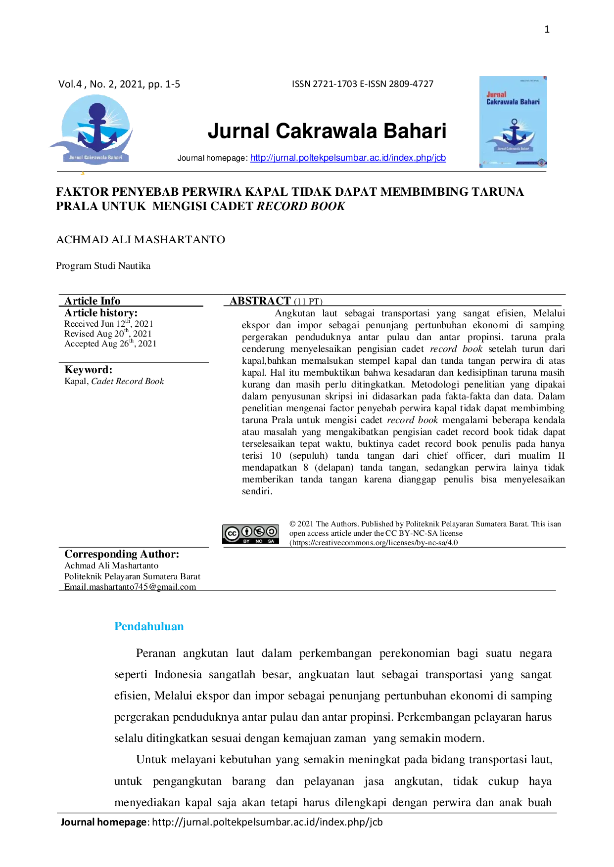 JURIS Faktor Penyebab Perwira Kapal Tidak Dapat Membimbing Taruna Prala Untuk Mengisi Cadet Record Book