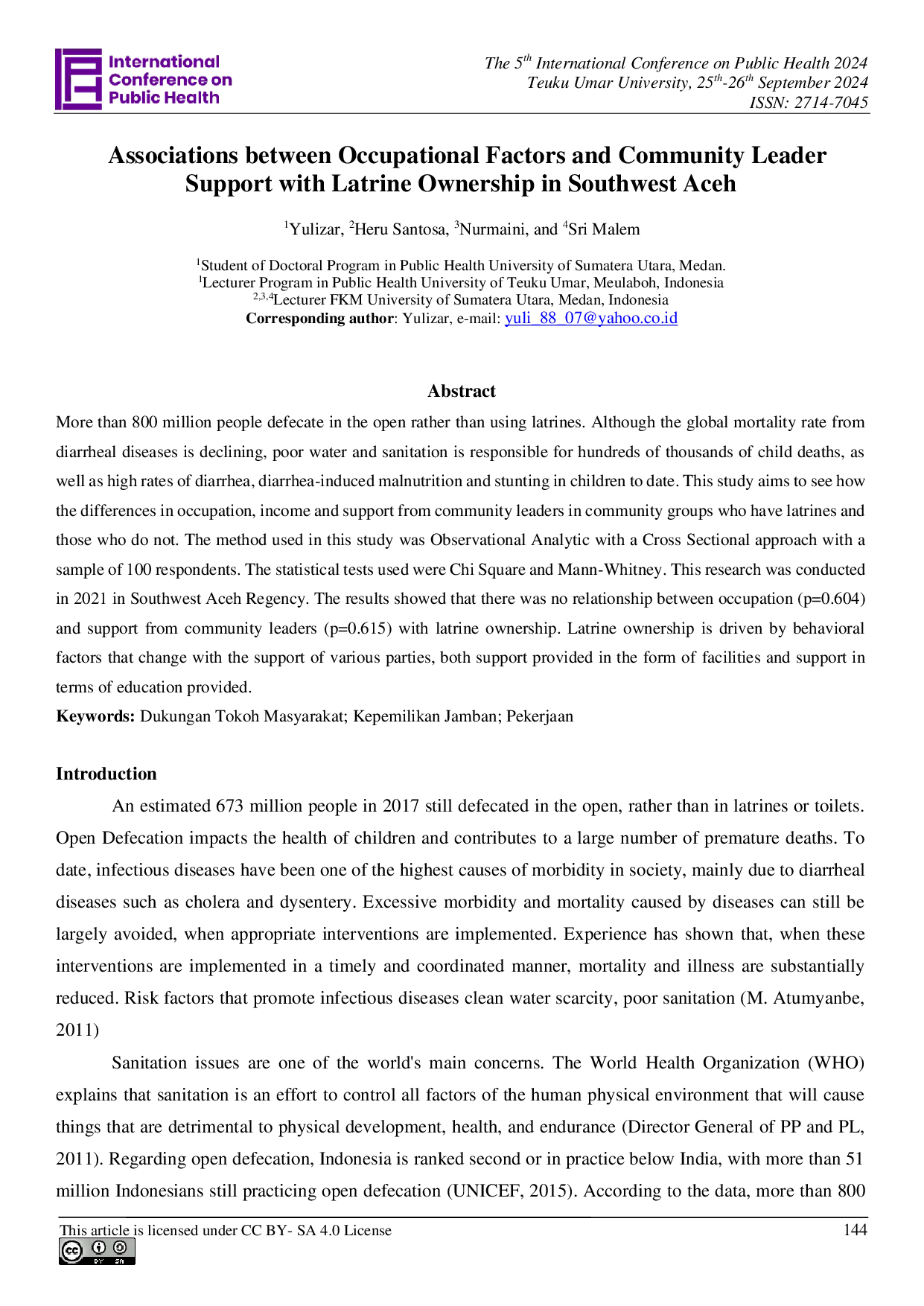 JURIS Associations between Occupational Factors and Community Leader Support with Latrine Ownership in Southwest Aceh