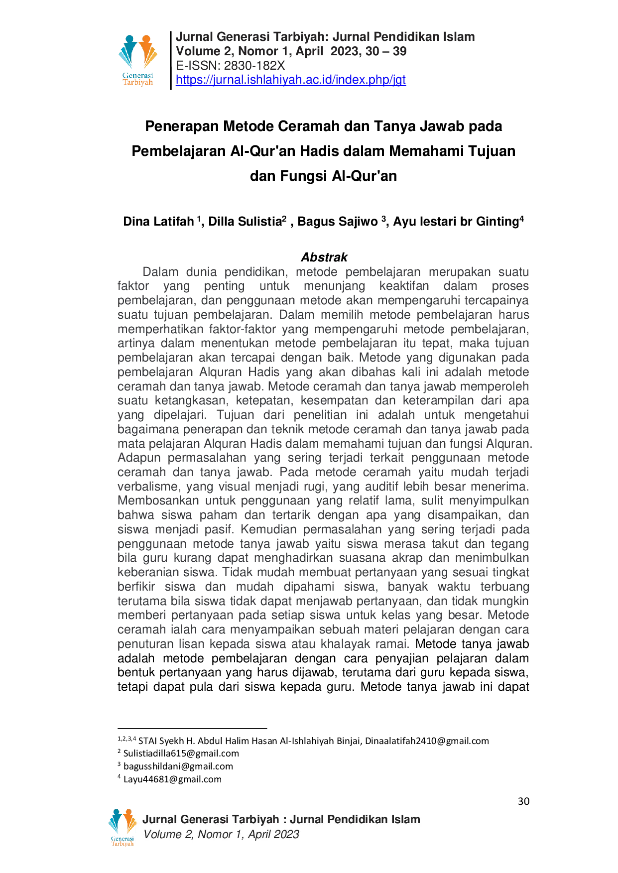 JURIS Penerapan Metode Ceramah Dan Tanya Jawab Pada Pembelajaran Al Qur an Hadis Dalam Memahami Tujuan Dan Fungsi Al Qur an