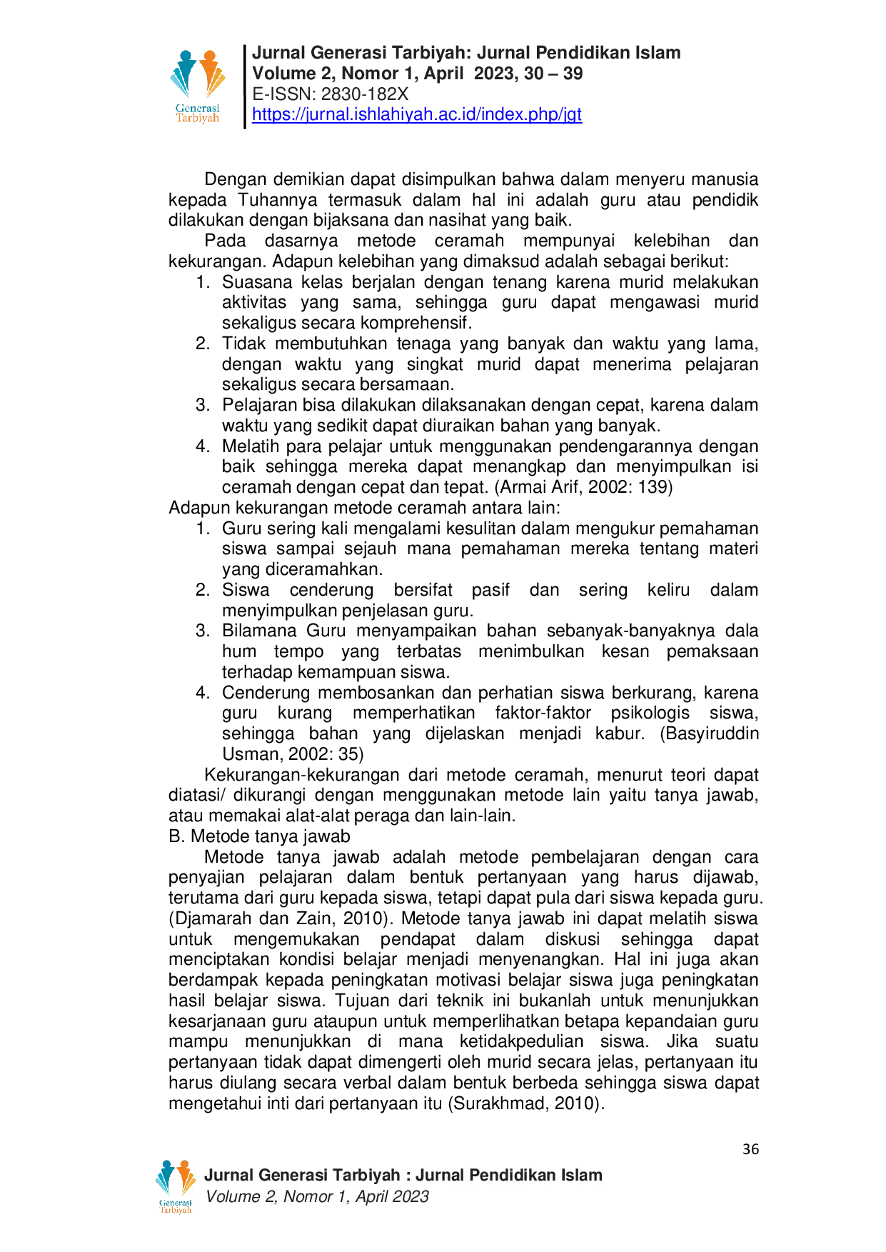 JURIS Penerapan Metode Ceramah Dan Tanya Jawab Pada Pembelajaran Al Qur an Hadis Dalam Memahami Tujuan Dan Fungsi Al Qur an