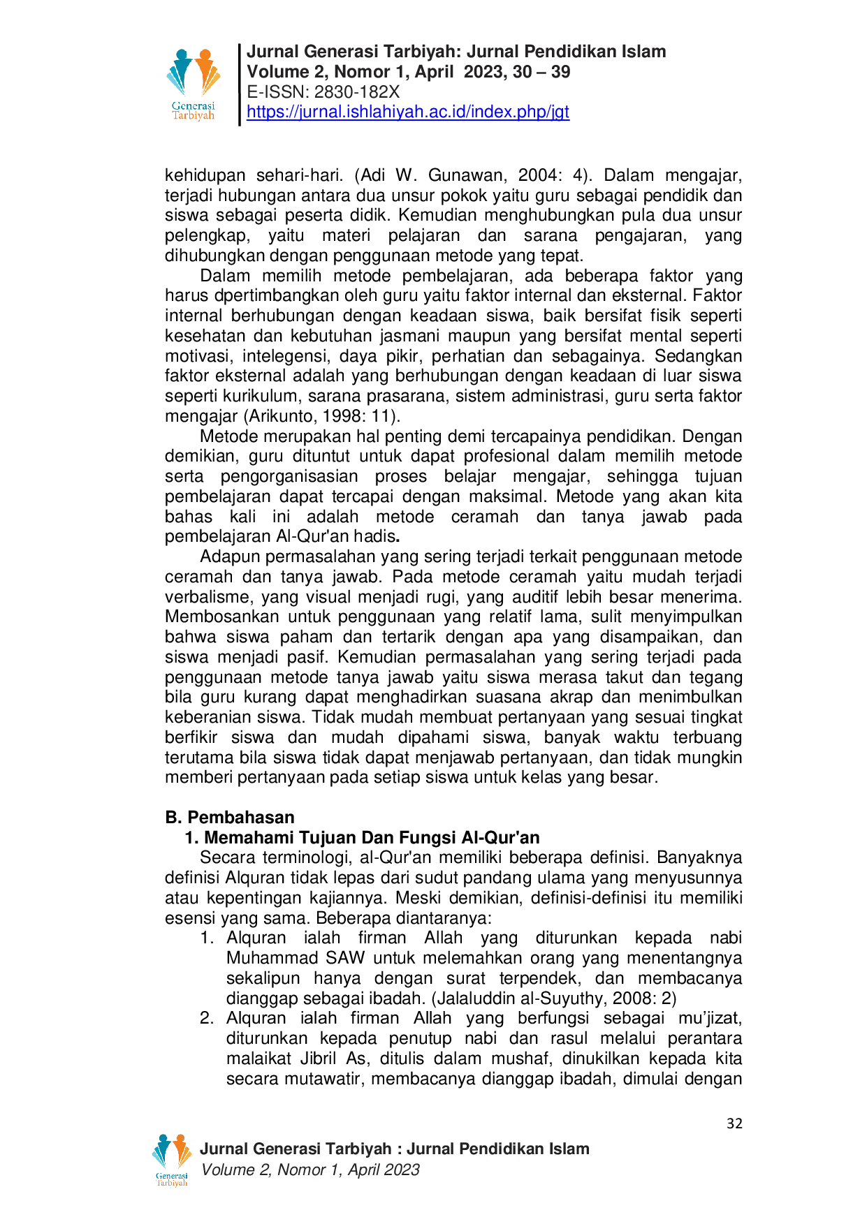 JURIS Penerapan Metode Ceramah Dan Tanya Jawab Pada Pembelajaran Al Qur an Hadis Dalam Memahami Tujuan Dan Fungsi Al Qur an