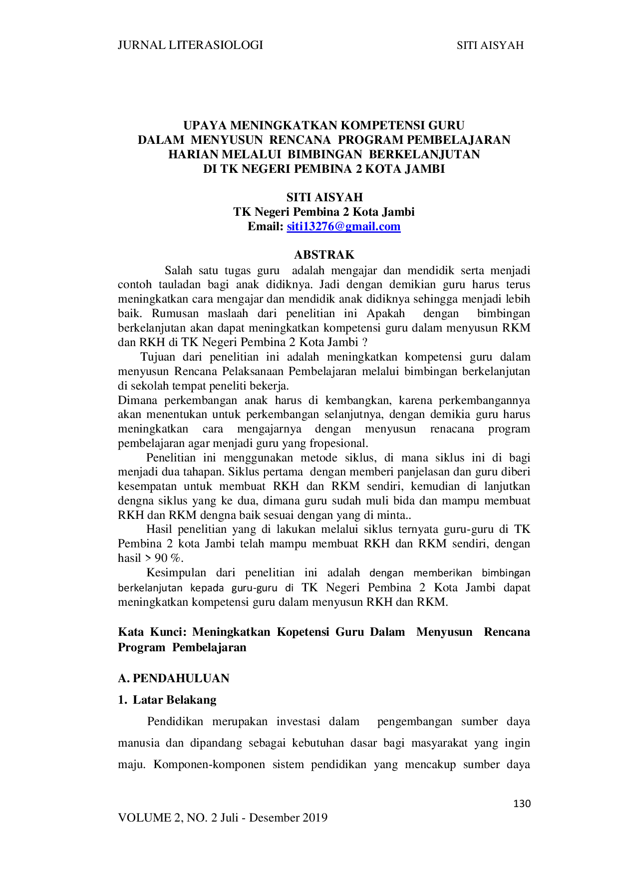 juris Upaya Meningkatkan Kompetensi Guru Dalam Menyusun Rencana Program Pembelajaran Harian Melalui Bimbingan Berkelanjutan Di Tk Negeri Pembina 2 Kota Jambi