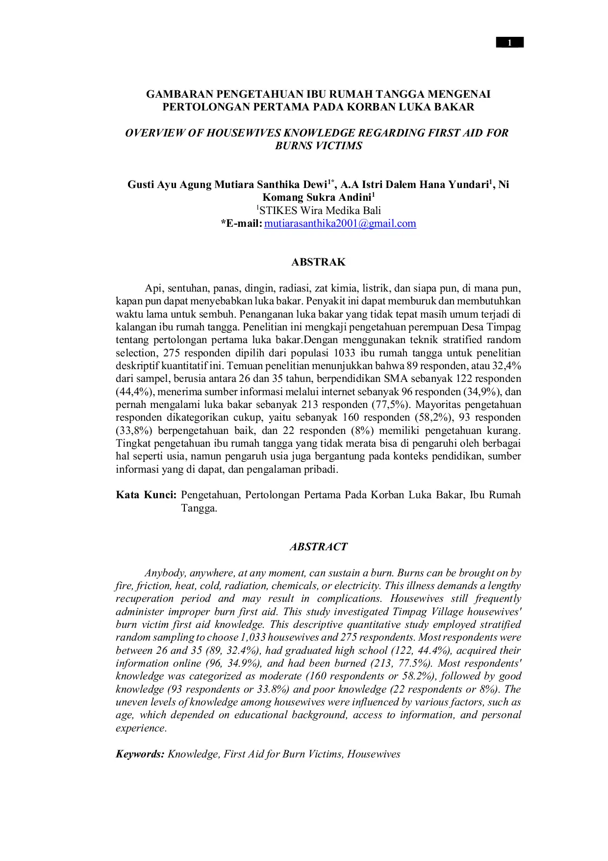 JURIS Gambaran Pengetahuan Ibu Rumah Tangga Mengenai Pertolongan Pertama Pada Korban Luka Bakar