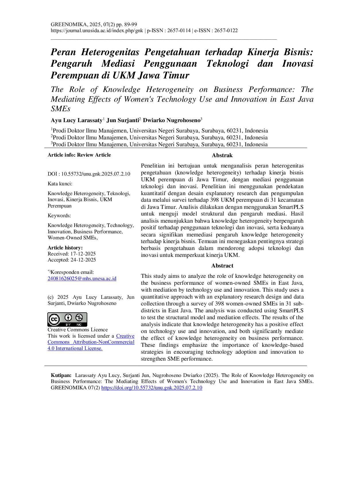 JURIS The Role of Knowledge Heterogeneity on Business Performance The Mediating Effects of Women s Technology Use and Innovation in East Java SMEs