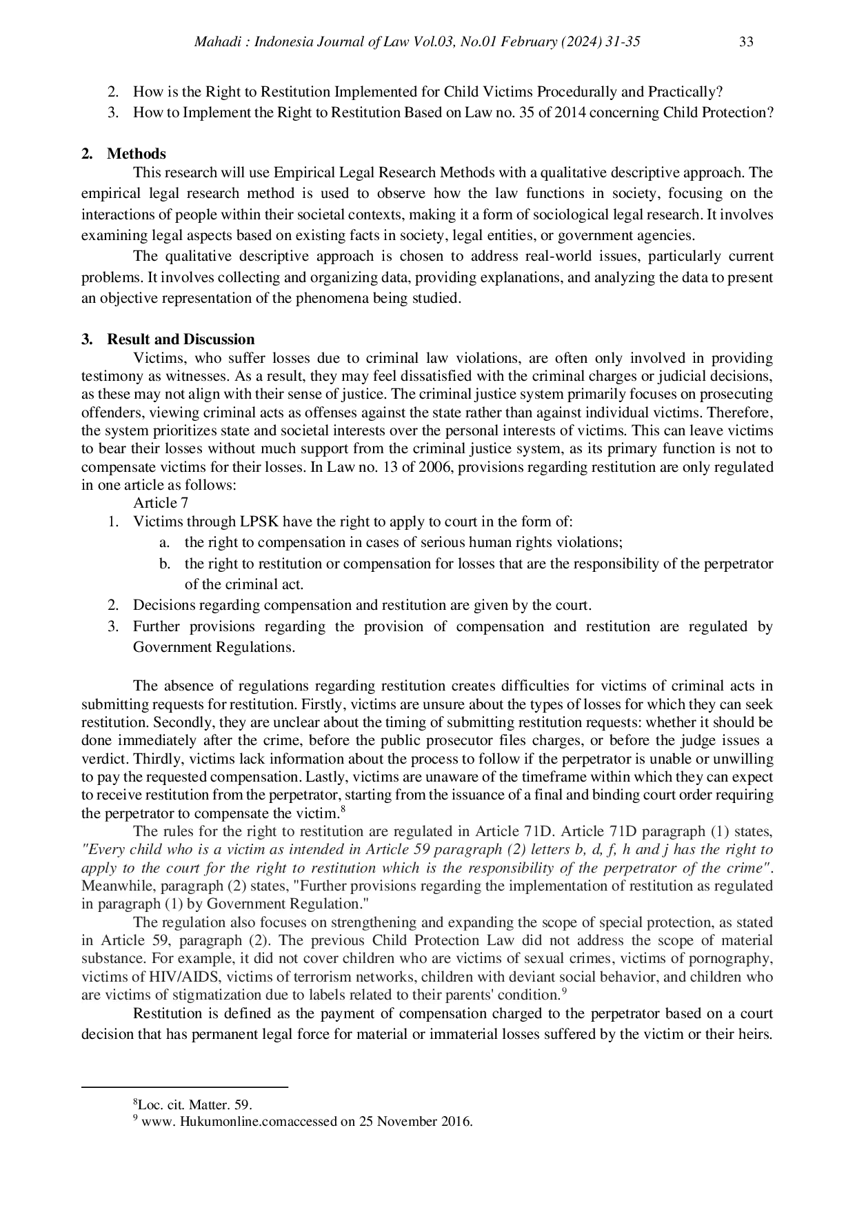 JURIS Rights of Restitution to Child Victims Under Law No 35 of 2014 Concerning Child Protection