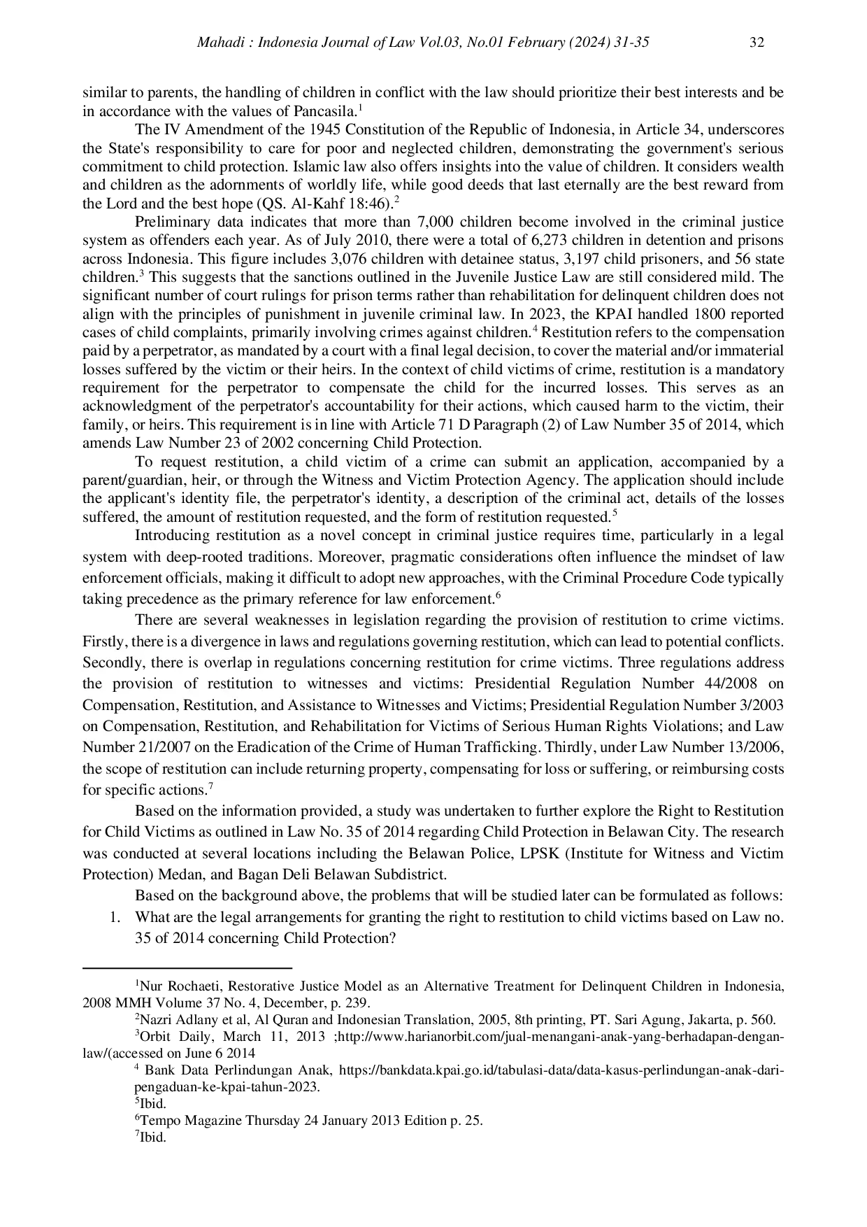 JURIS Rights of Restitution to Child Victims Under Law No 35 of 2014 Concerning Child Protection