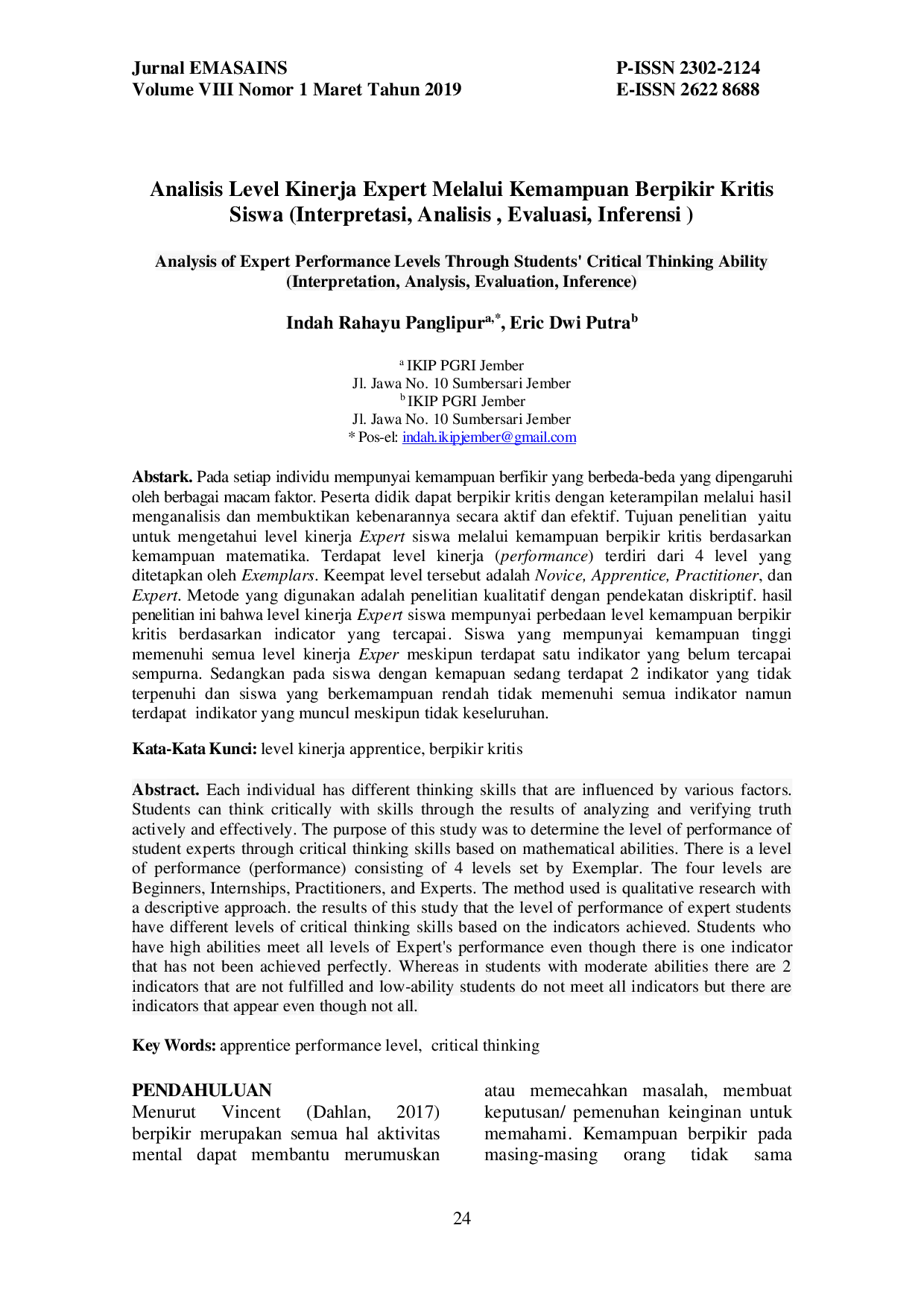 JURIS Analisis Level Kinerja Expert Melalui Kemampuan Berpikir Kritis Siswa Interpretasi Analisis Evaluasi Inferensi