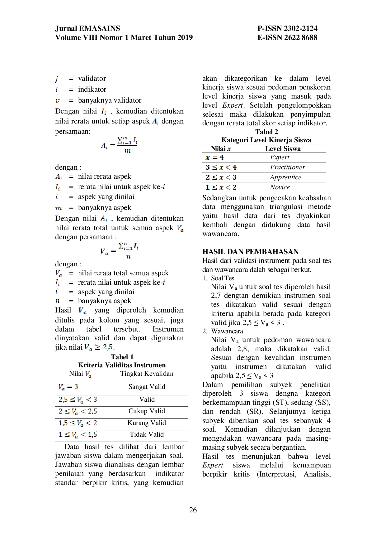 JURIS Analisis Level Kinerja Expert Melalui Kemampuan Berpikir Kritis Siswa Interpretasi Analisis Evaluasi Inferensi