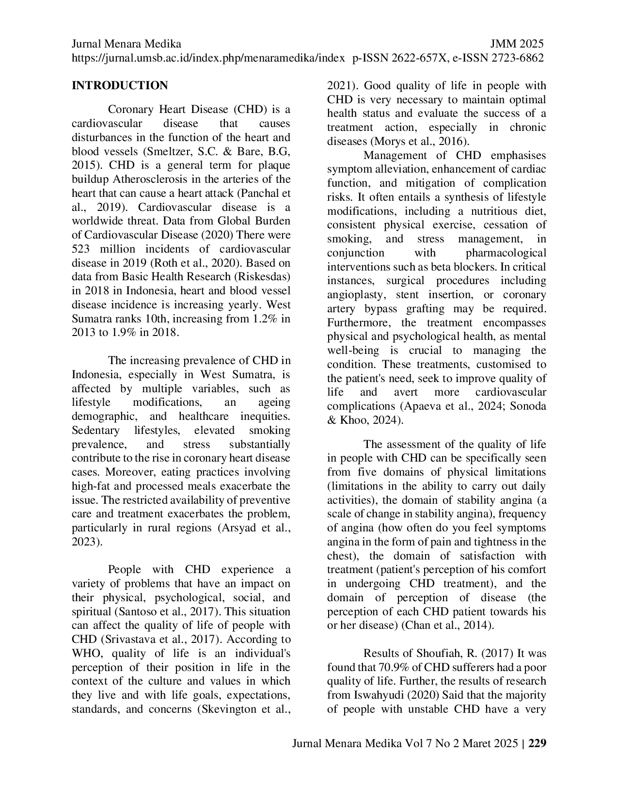 JURIS Faktor Faktor Terkait Kualitas Hidup pada Pasien Penyakit Jantung Koroner di Poliklinik Jantung RSUD Pusat Dr M Djamil Padang