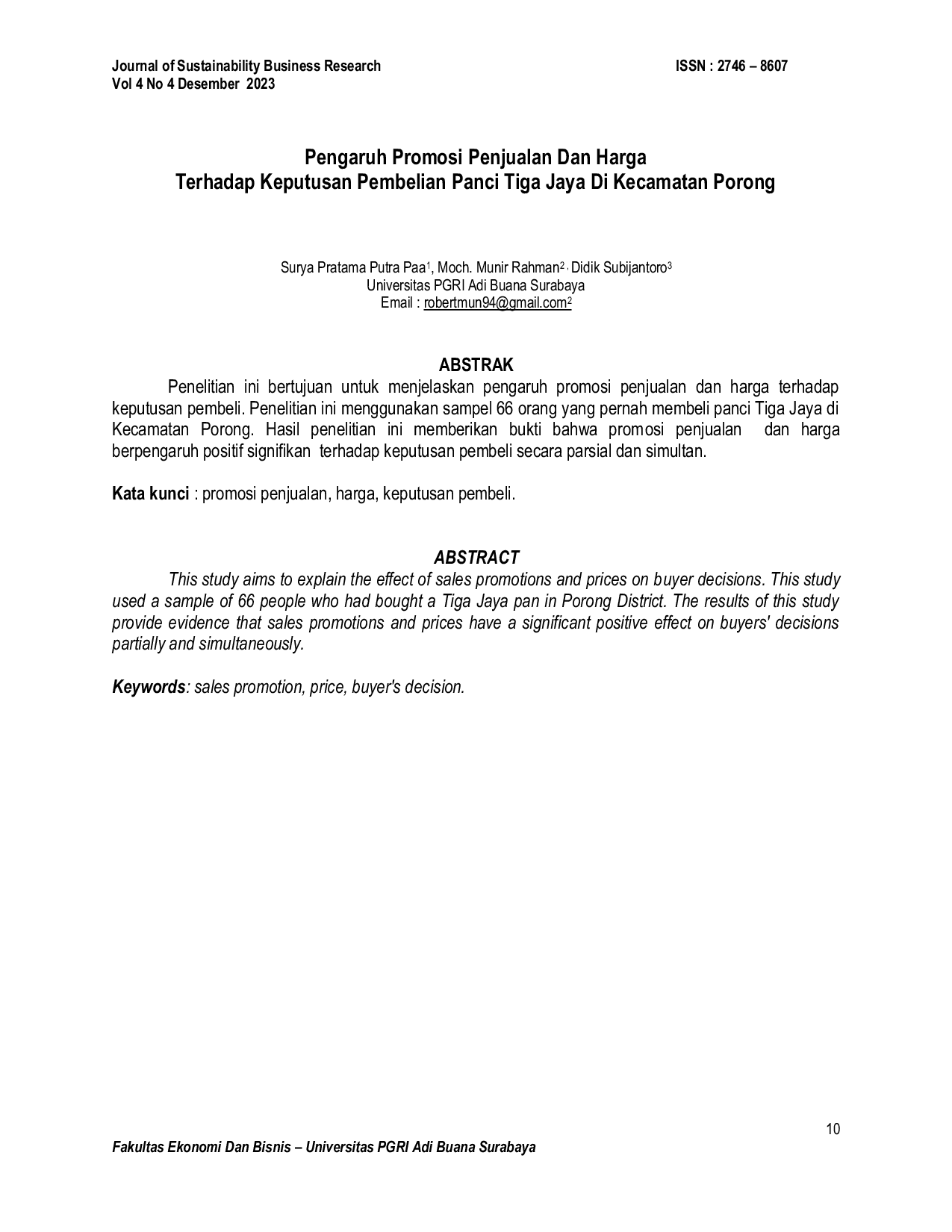 JURIS Pengaruh Promosi Penjualan Dan Harga Terhadap Keputusan Pembelian Panci Tiga Jaya Di Kecamatan Porong