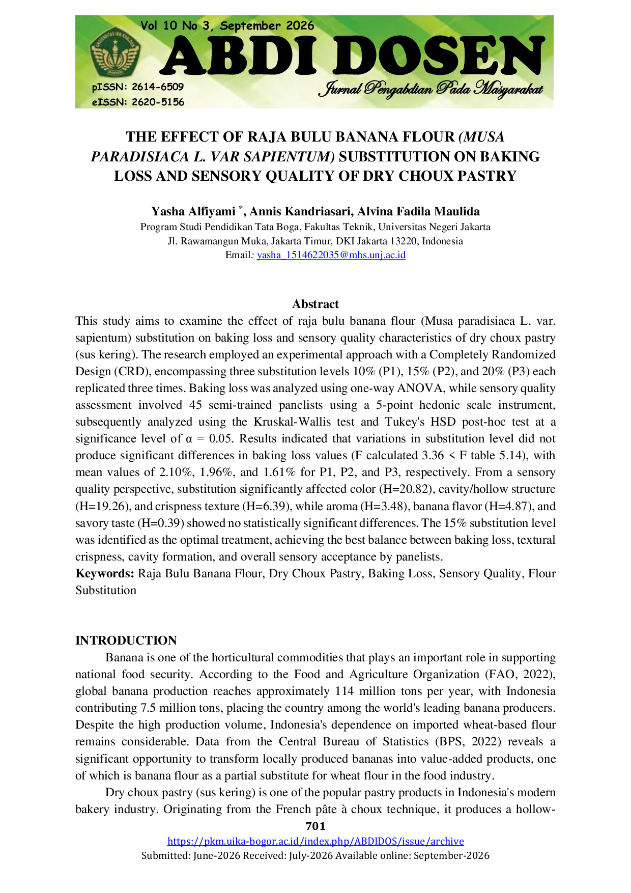 JURIS The Effect Of Raja Bulu Banana Flour Musa Paradisiaca L Var Sapientum Substitution On Baking Loss And Sensory Quality Of Dry Choux Pastry