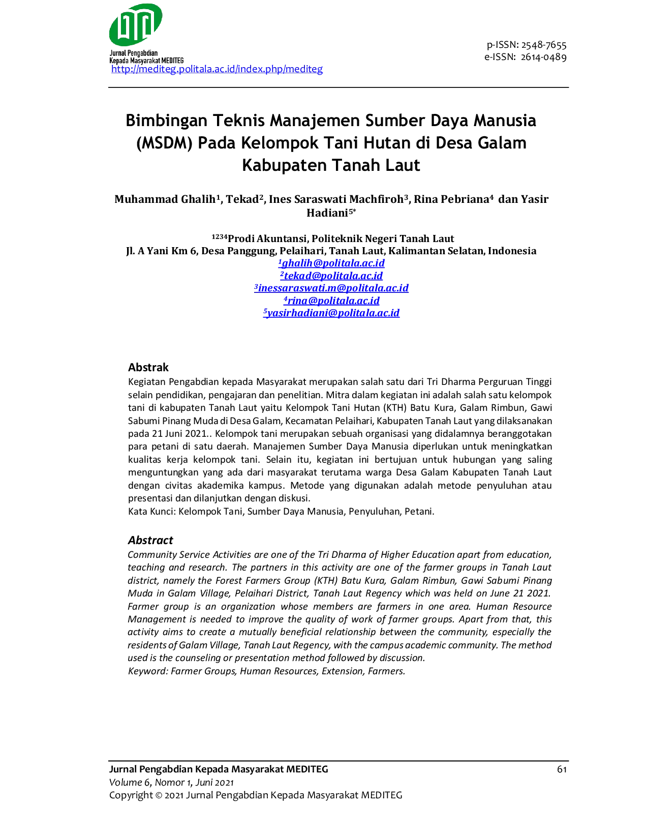 JURIS Bimbingan Teknis Manajemen Sumber Daya Manusia MSDM Pada Kelompok Tani Hutan di Desa Galam Kabupaten Tanah Laut
