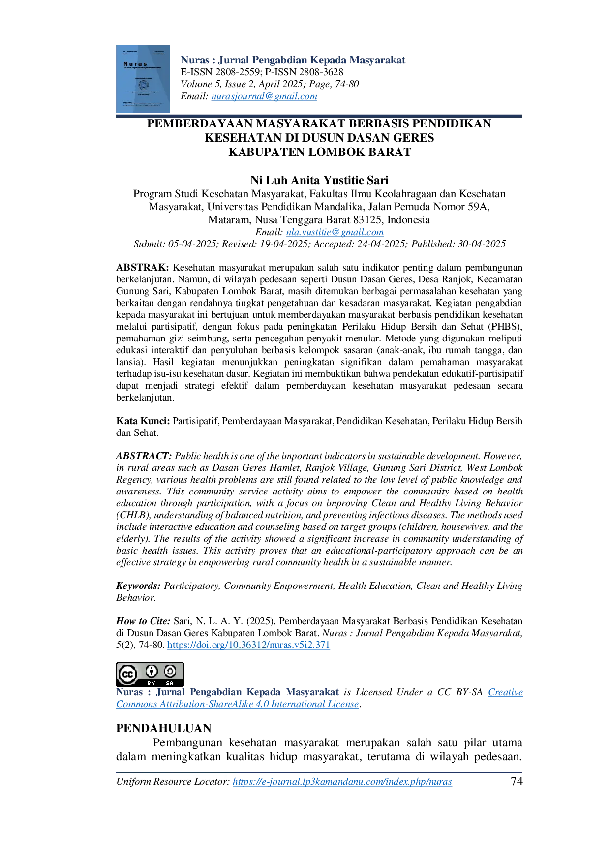 JURIS Pemberdayaan Masyarakat Berbasis Pendidikan Kesehatan di Dusun Dasan Geres Kabupaten Lombok Barat