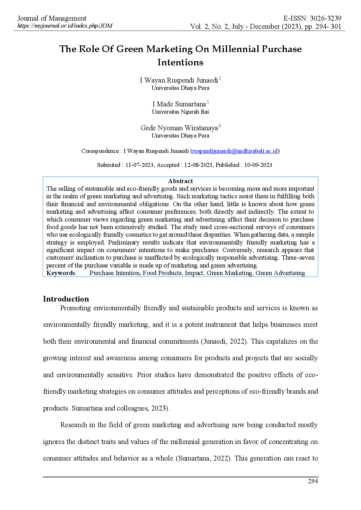 juris The Role Of Green Marketing On Millennial Purchase Intentions