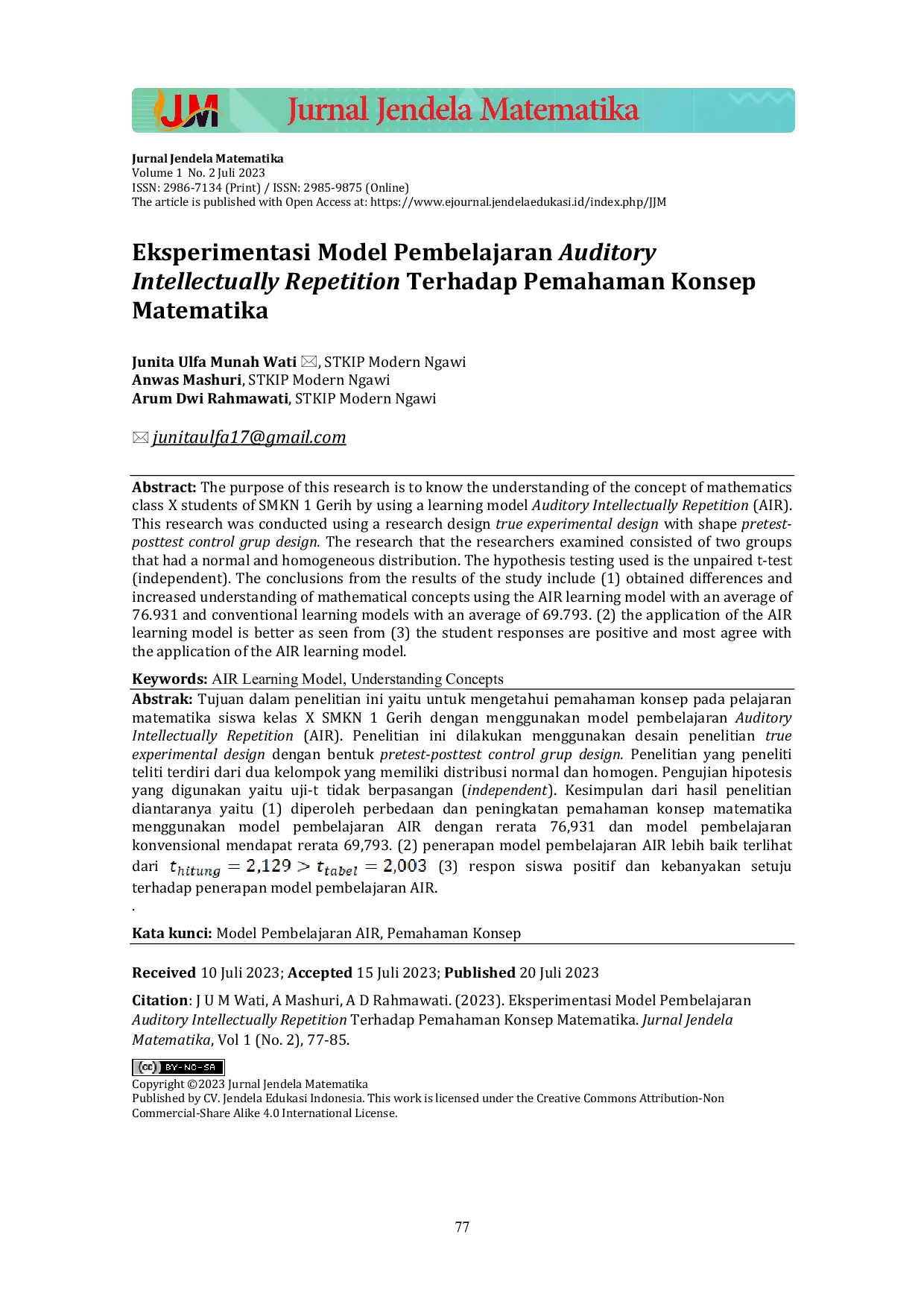 JURIS Eksperimentasi Model Pembelajaran Auditory Intellectually Repetition Terhadap Pemahaman Konsep Matematika