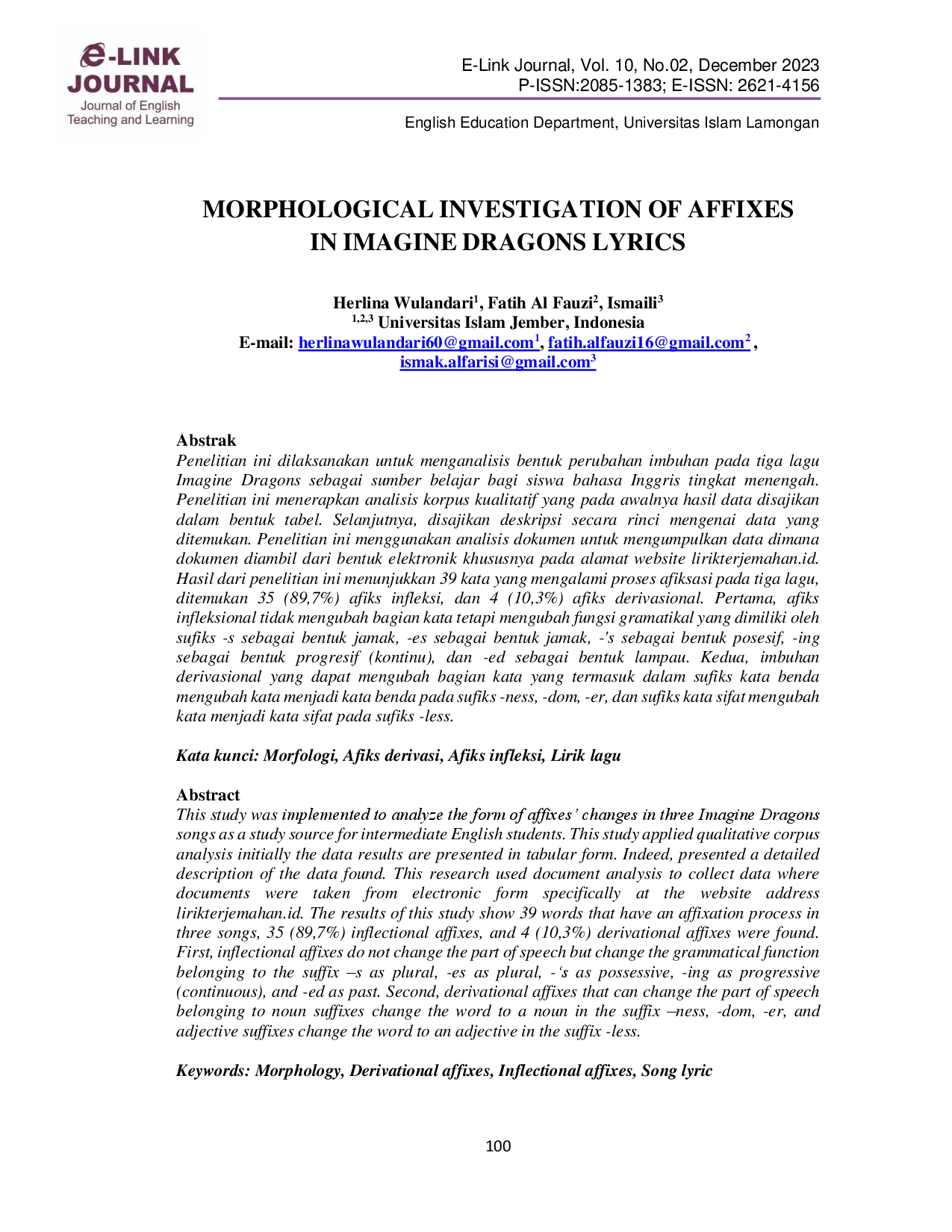 juris Morphological Investigation of Affixes in Imagine Dragons Lyrics