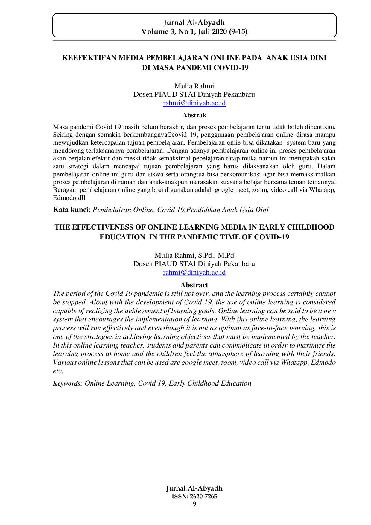JURIS Keefektivan Media Pembelajaran Online Pada Anak Usia Dini Di Masa Pandemi Covid 19