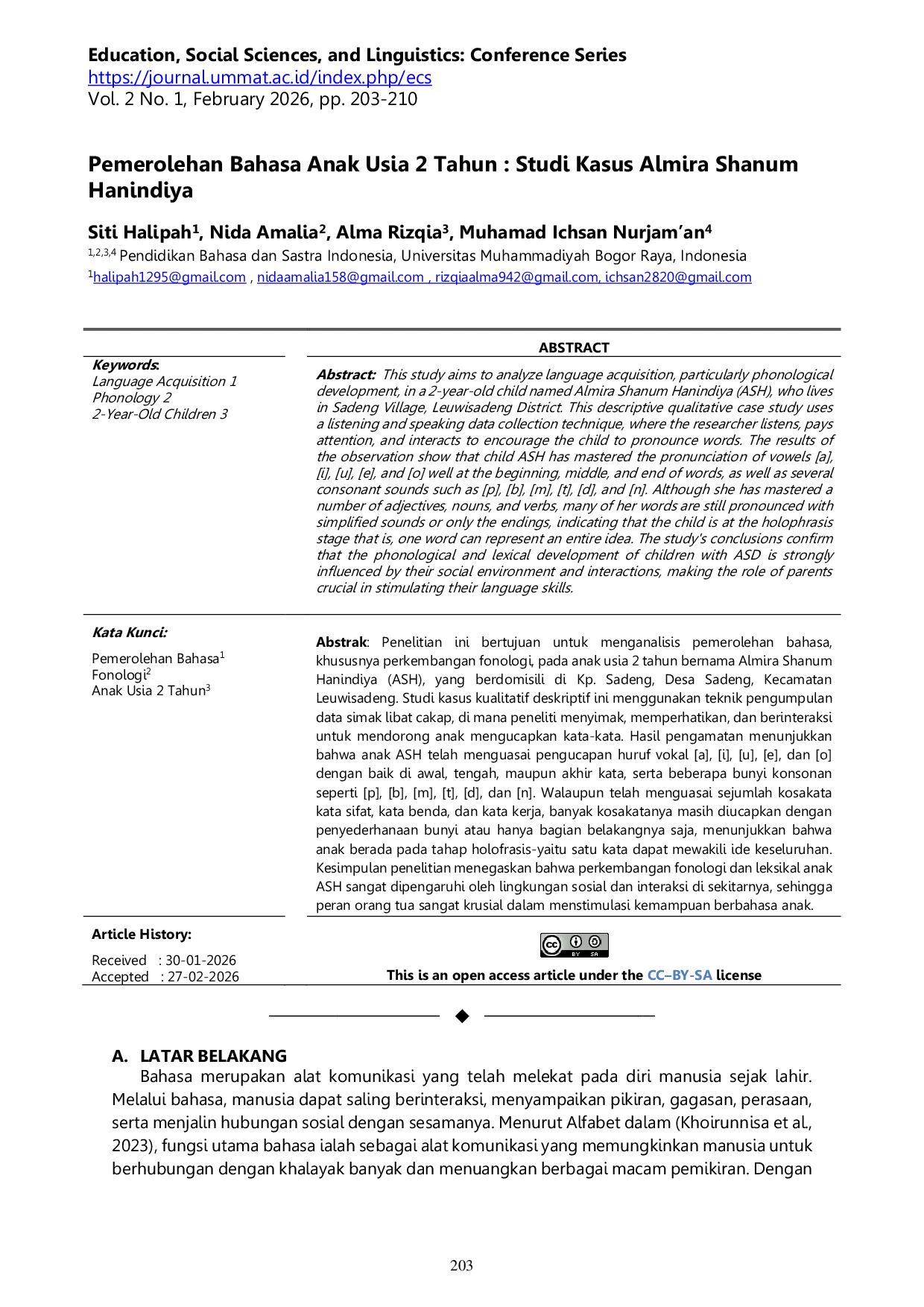 JURIS Pemerolehan Bahasa Anak Usia 2 Tahun Studi Kasus Almira Shanum Hanindiya