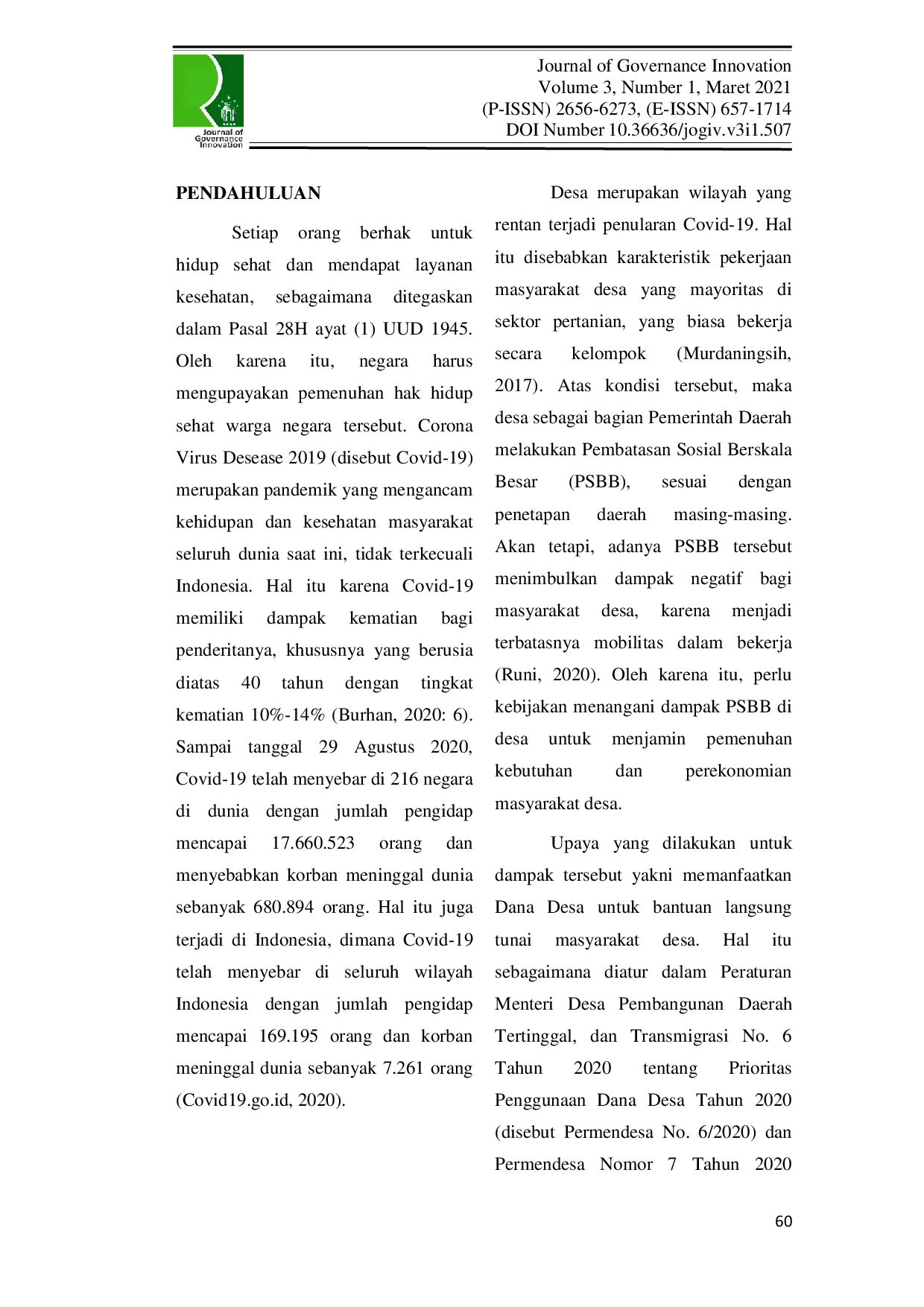 JURIS Optimalisasi Pencegahan Korupsi Dalam Penggunaan Dana Desa Untuk Bantuan Langsung Tunai Penanganan Covid 19