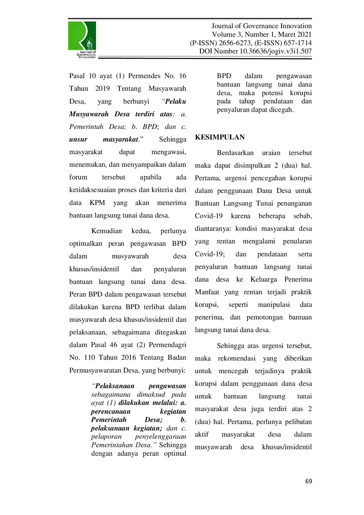 JURIS Optimalisasi Pencegahan Korupsi Dalam Penggunaan Dana Desa Untuk Bantuan Langsung Tunai Penanganan Covid 19