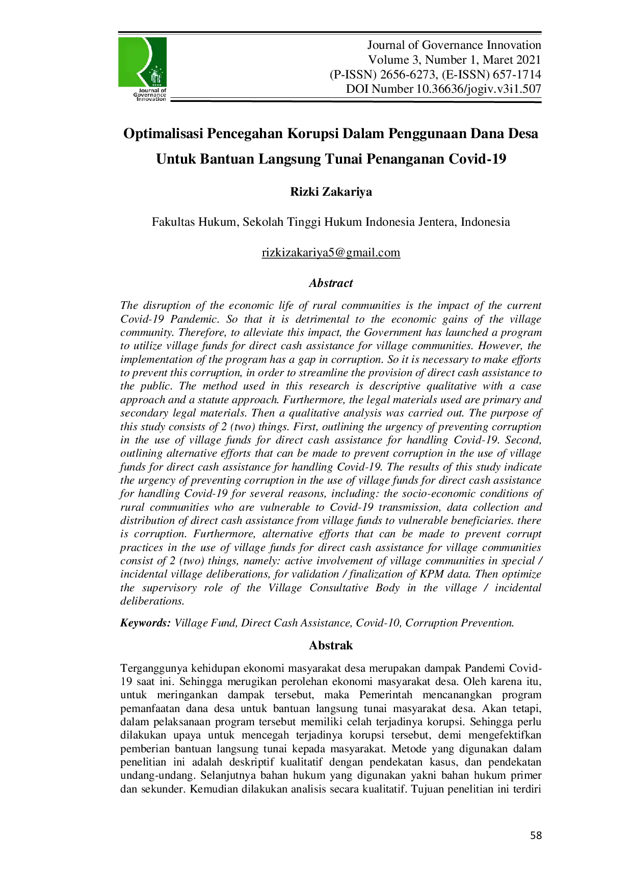 JURIS Optimalisasi Pencegahan Korupsi Dalam Penggunaan Dana Desa Untuk Bantuan Langsung Tunai Penanganan Covid 19