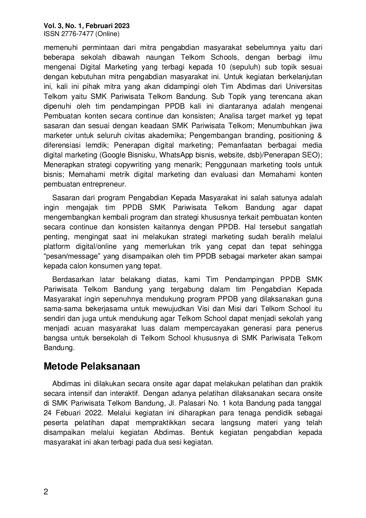 JURIS Pembuatan Konten Secara Continue dan Konsisten Dalam Meningkatkan PPDB SMK Pariwisata Telkom Bandung