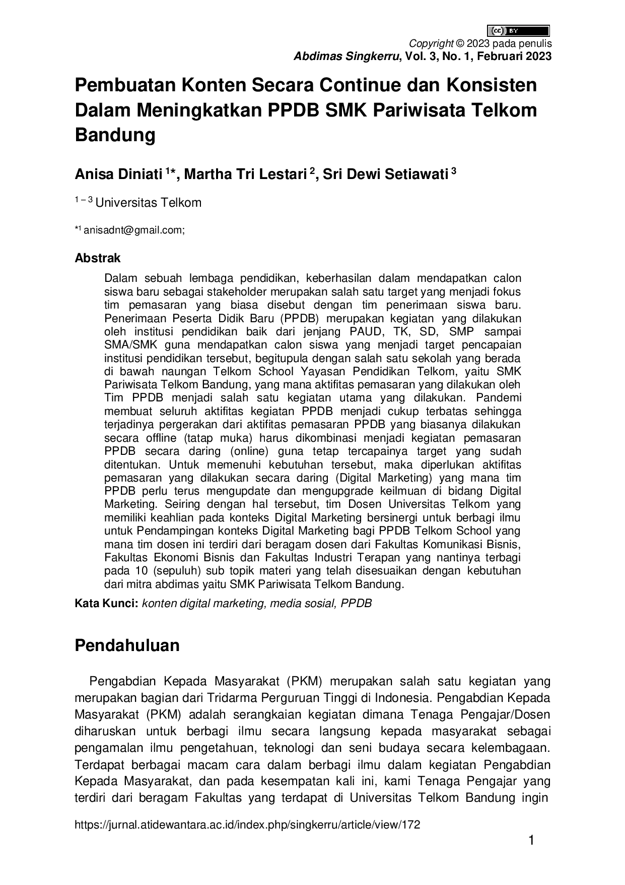 JURIS Pembuatan Konten Secara Continue dan Konsisten Dalam Meningkatkan PPDB SMK Pariwisata Telkom Bandung