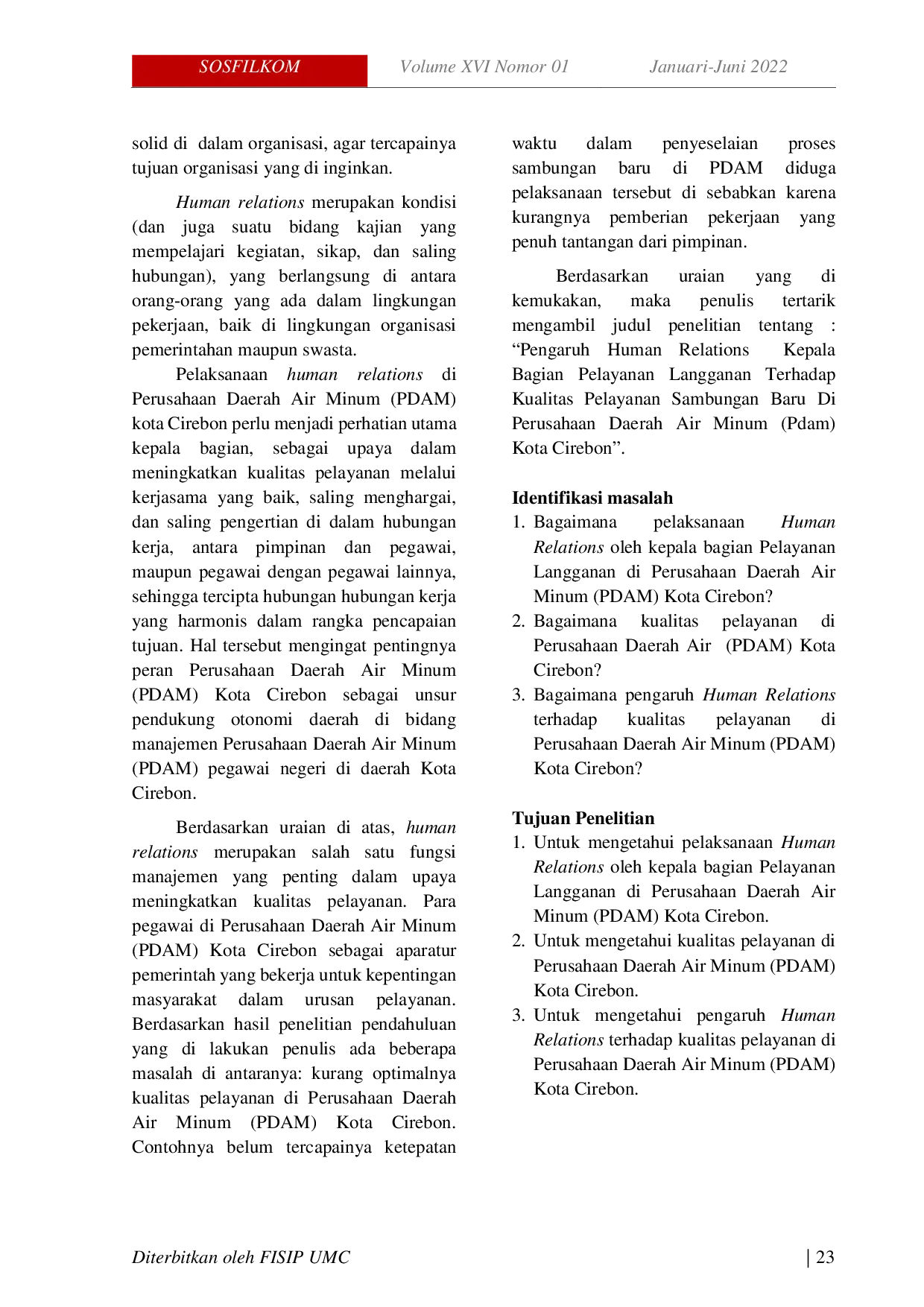 JURIS Pengaruh Human Relations Kepala Bagian Pelayanan Langganan Terhadap Kualitas Pelayanan Sambungan Baru Di Perusahaan Daerah Air Minum Pdam Kota Cirebon