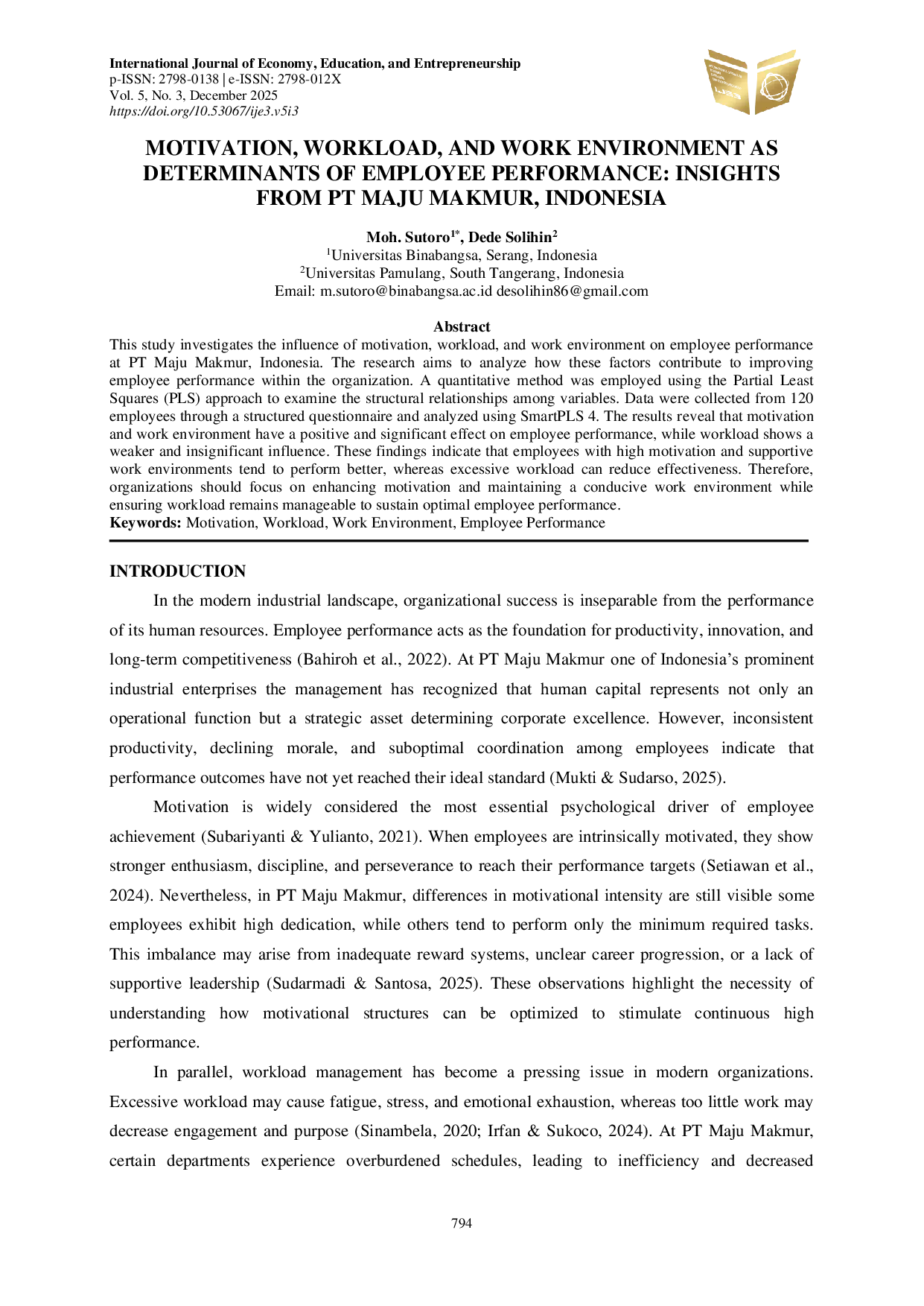JURIS Motivation Workload and Work Environment as Determinants of Employee Performance Insights from Pt Maju Makmur Indonesia