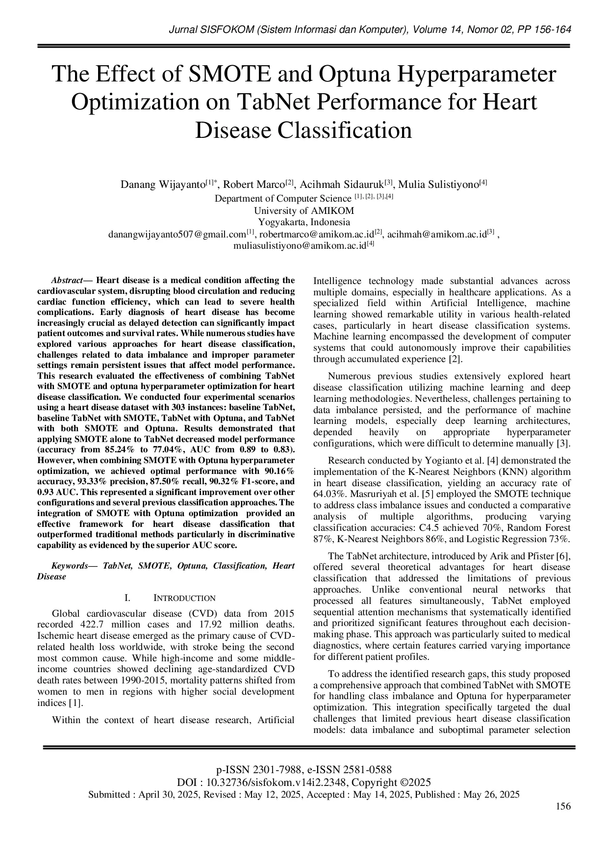 JURIS The Effect of SMOTE and Optuna Hyperparameter Optimization on TabNet Performance for Heart Disease Classification