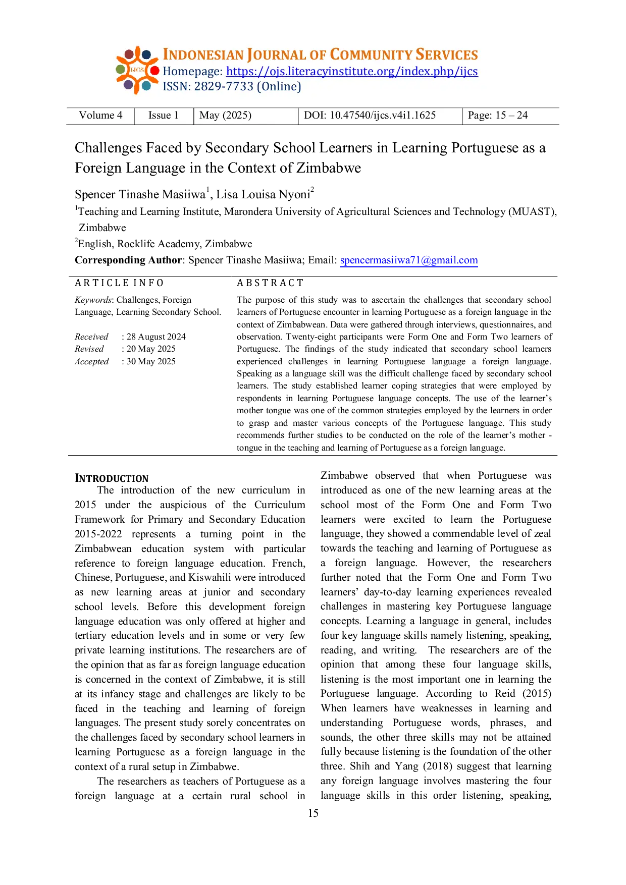 JURIS Challenges Faced by Secondary School Learners in Learning Portuguese as a Foreign Language in the Context of Zimbabwe