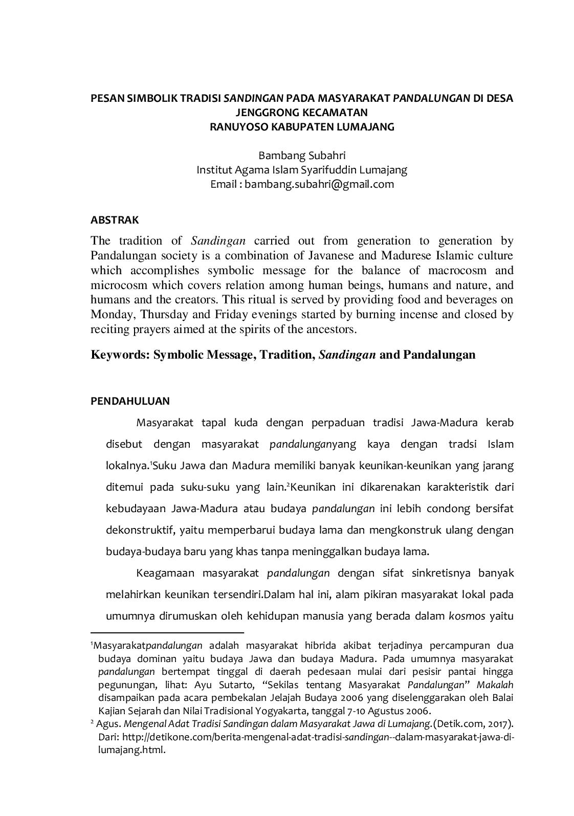 JURIS Pesan Simbolik Tradisi Sandingan Pada Masyarakat Pandalungan Di Desa Jenggrong Kecamatan Ranuyoso Kabupaten Lumajang