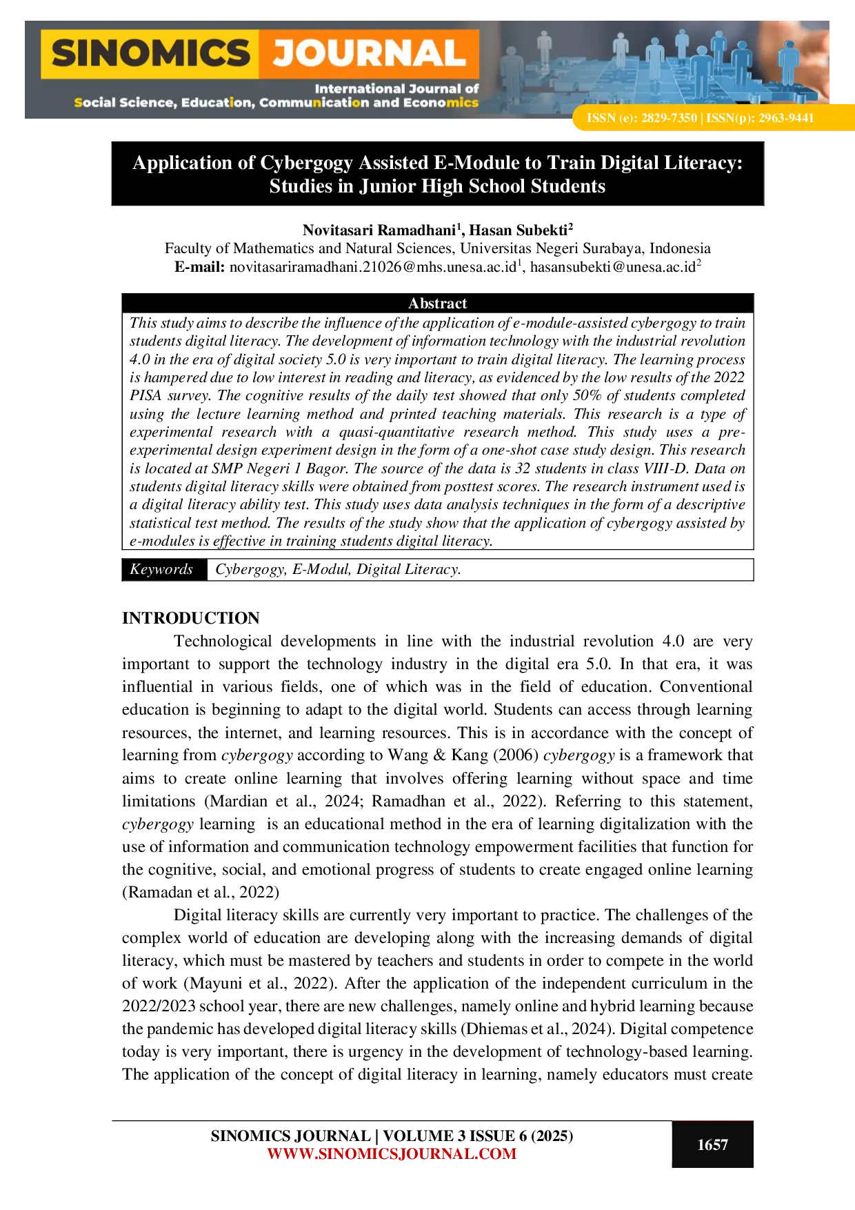 JURIS Application of Cybergogy Assisted E Module to Train Digital Literacy Studies in Junior High School Students