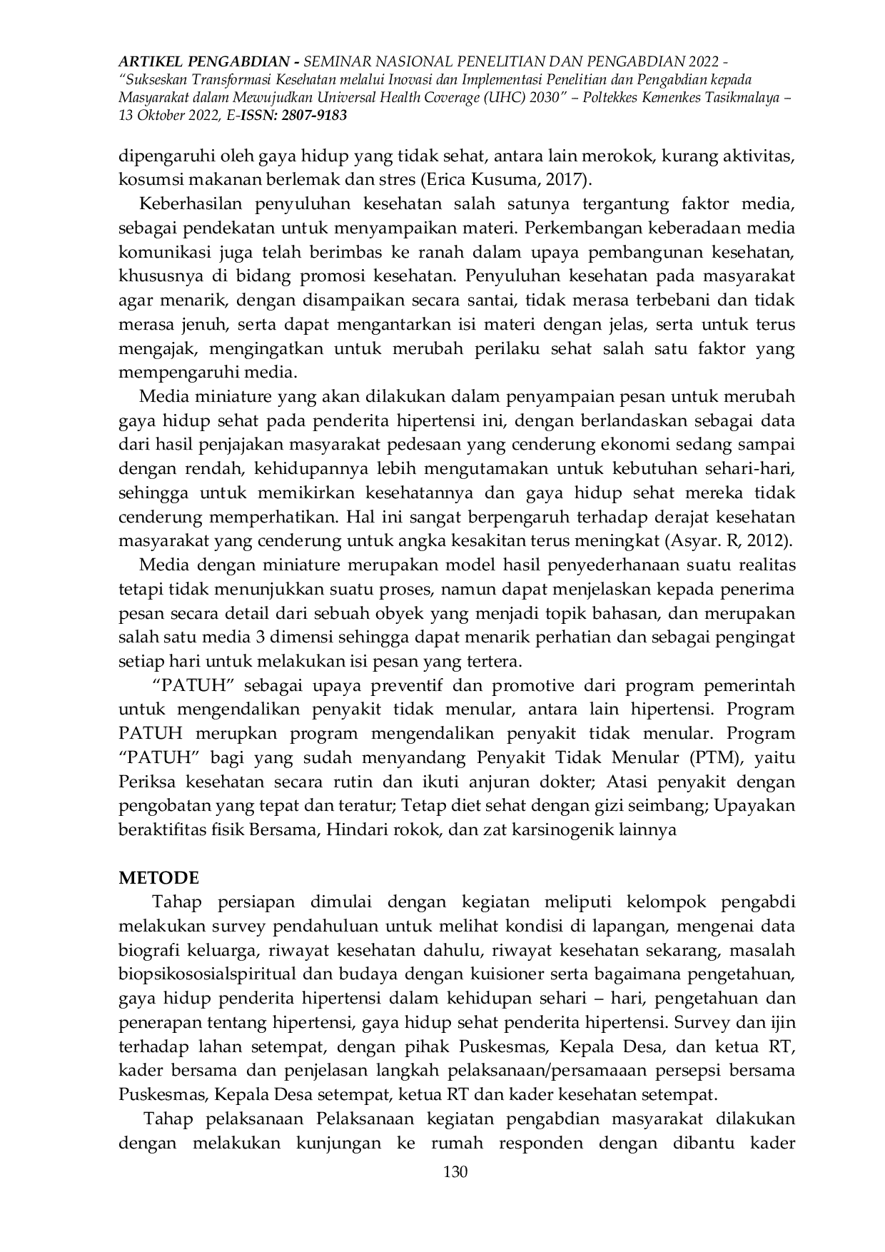 JURIS Media Miniatur PATUH Sebagai Pengingat untuk Praktek Gaya Hidup Sehat Penderita Hipertensi pada Era New Normal Pandemi Covid 19