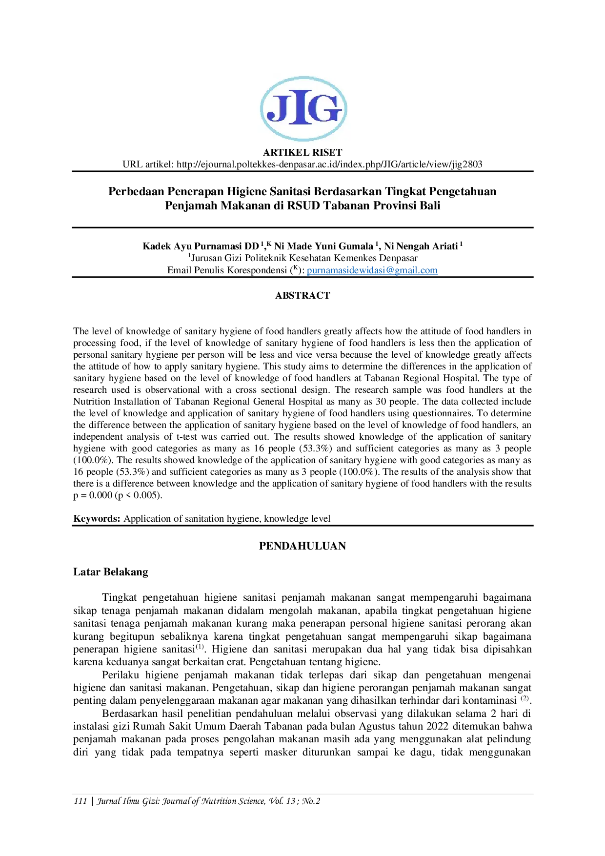 JURIS Perbedaan Penerapan Higiene Sanitasi Berdasarkan Tingkat Pengetahuan Penjamah Makanan di RSUD Tabanan Provinsi Bali