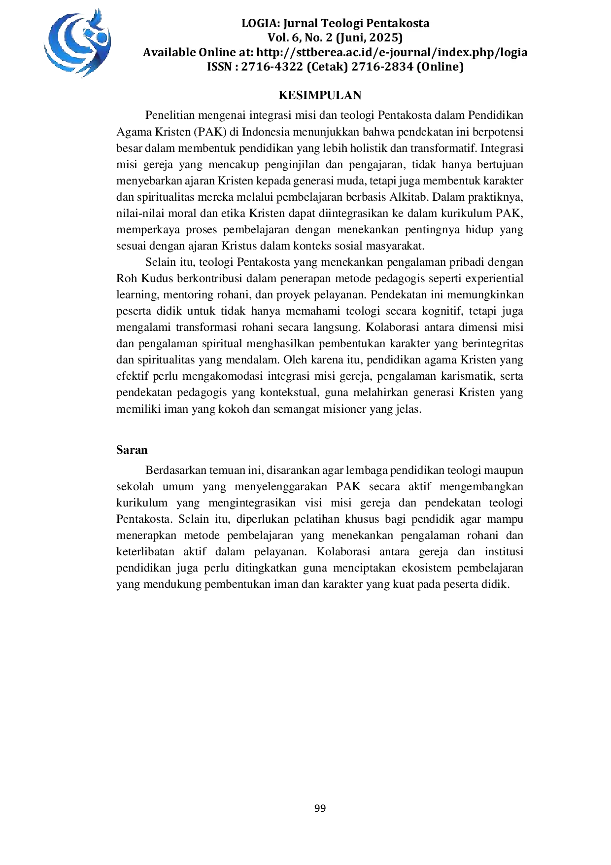 JURIS Integrasi Misi Dan Teologi Pentakosta Dalam Pendidikan Agama Kristen