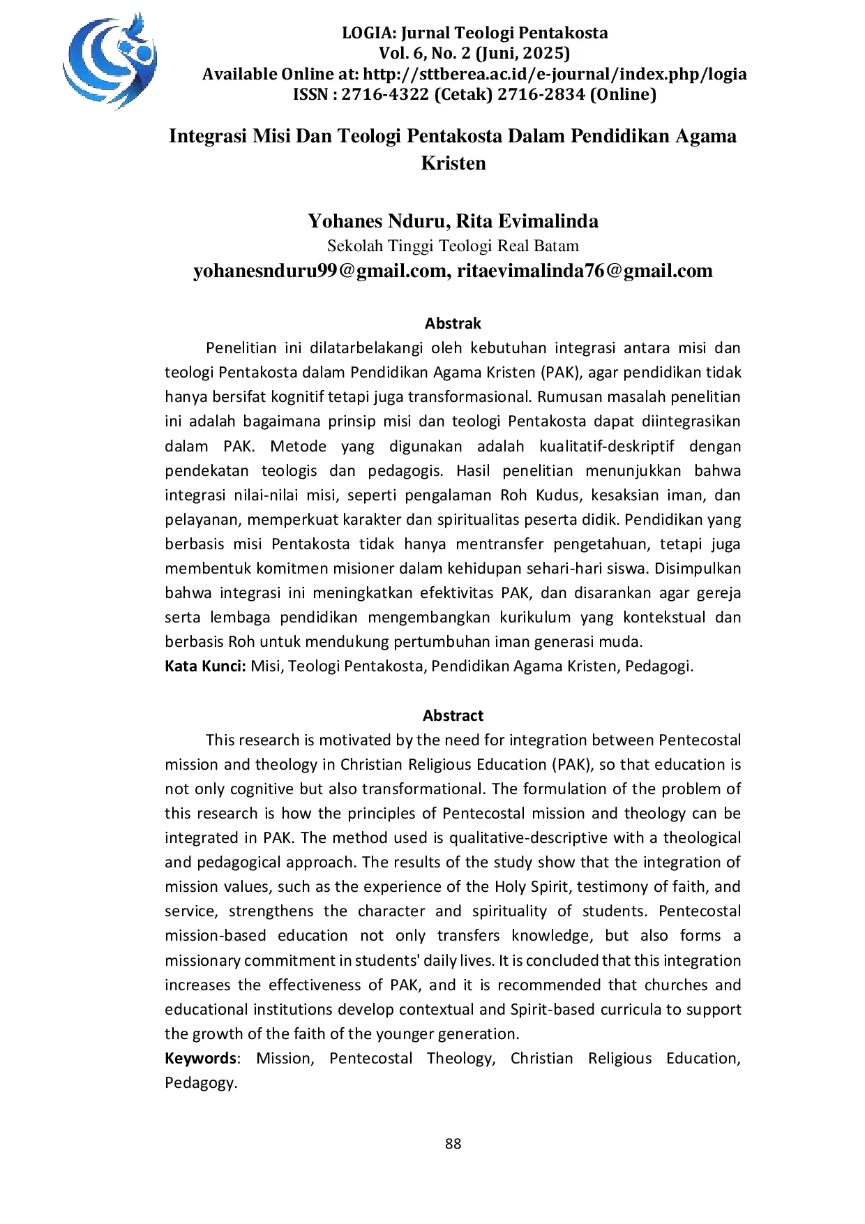 JURIS Integrasi Misi Dan Teologi Pentakosta Dalam Pendidikan Agama Kristen