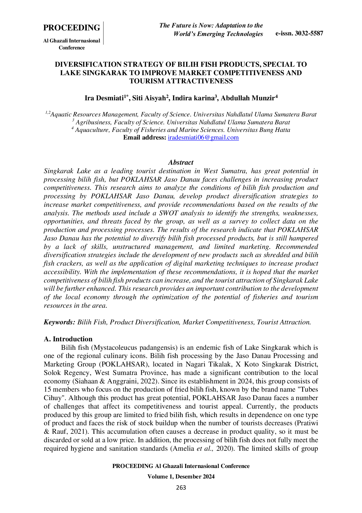JURIS Diversifikasi Strategi Produk Ikan Bilih Khusus untuk Danau Singkarak untuk Meningkatkan Daya Saing Pasar dan Daya Tarik Pariwisata