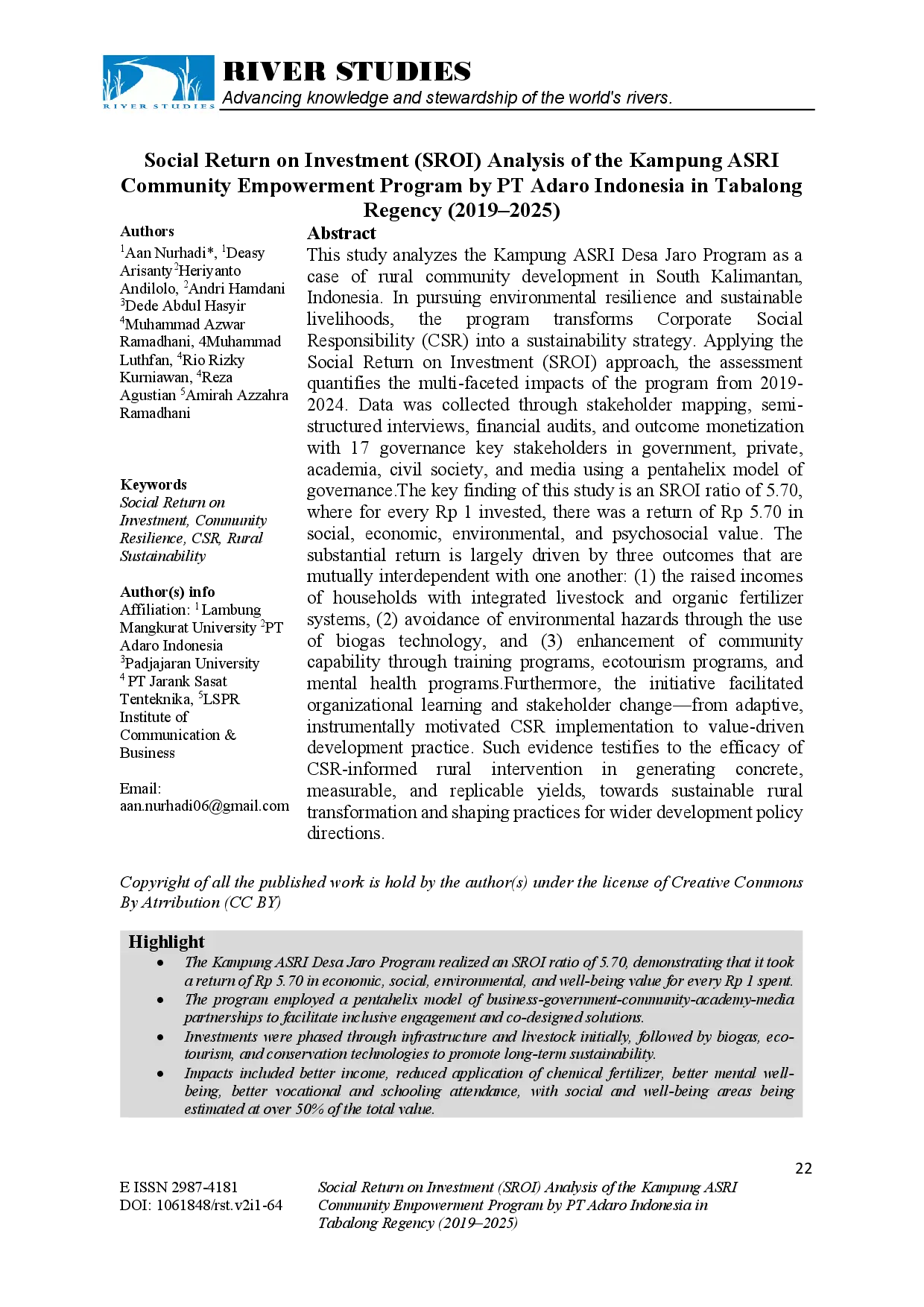 juris Social Return on Investment SROI Analysis of the Kampung ASRI Community Empowerment Program by PT Adaro Indonesia in Tabalong Regency 2019 2025